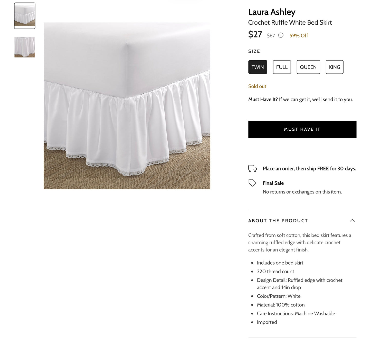 Laura Ashley Crochet Riffle Bedskirt - White - Twin