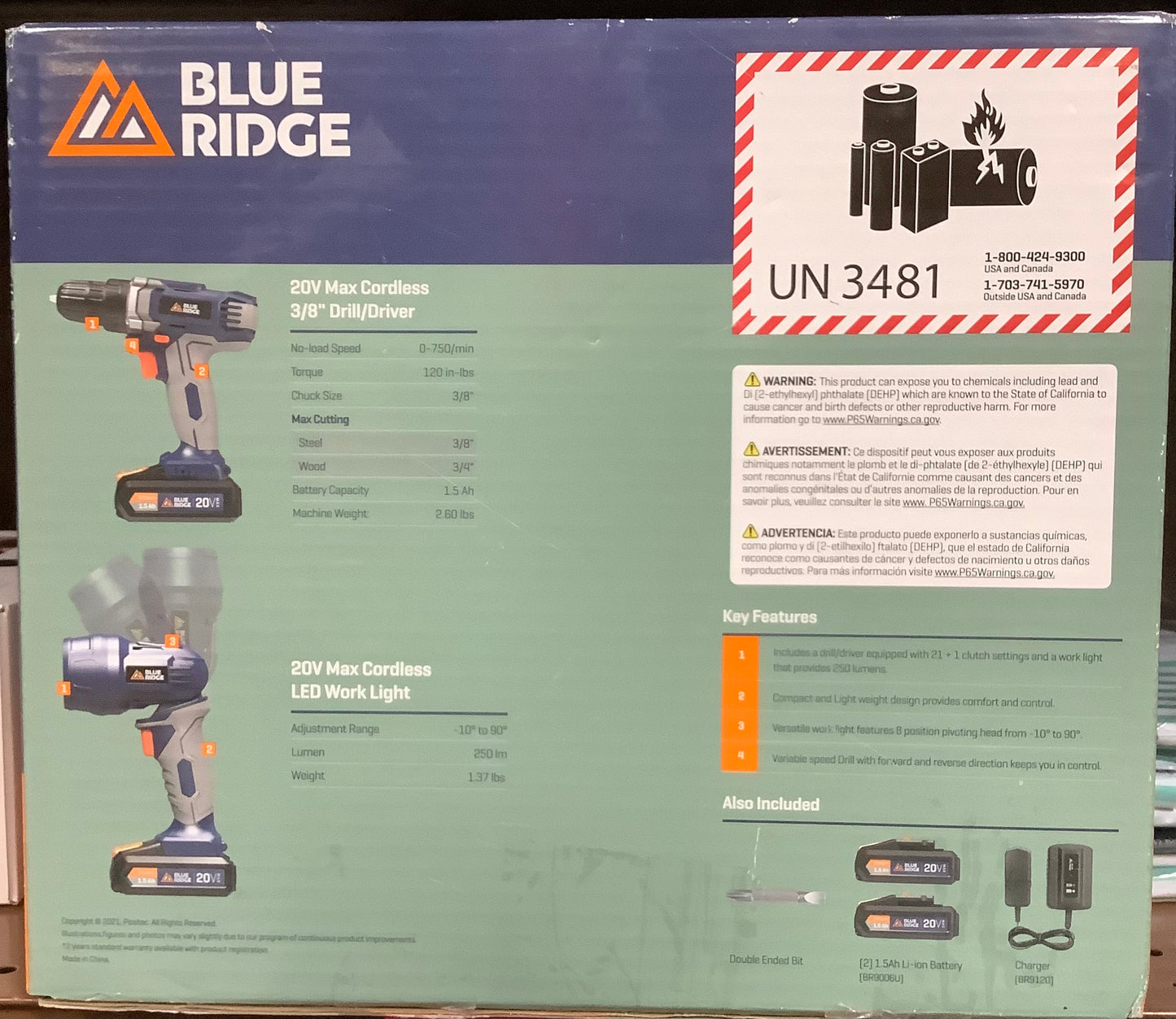 Blue Ridge Tools Drill Combo Kit: 20V Lithium lon, Driver Drill with Light, 1.5 Amps, 2 Batteries Included
