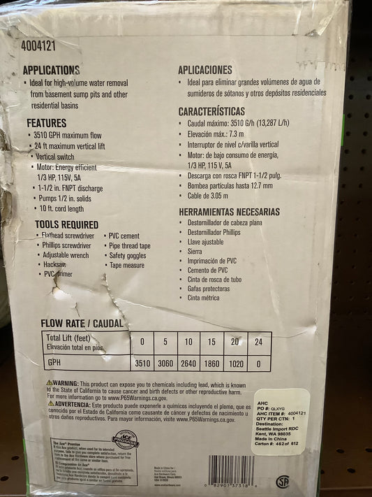 Ace 1/3 HP 3160 GPH Cast Iron Vertical Float Switch AC Sump Pump