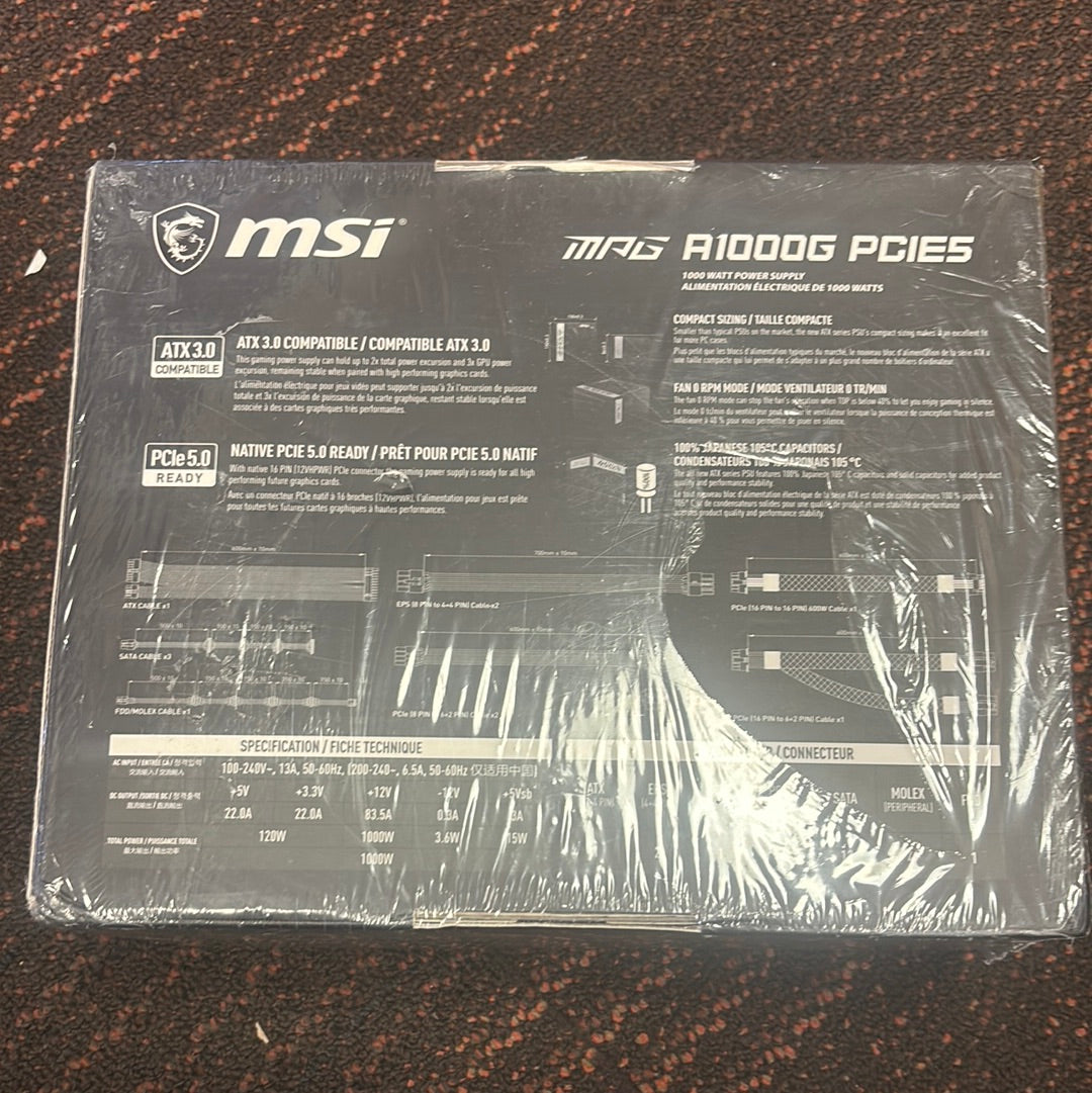 MSI MPG 1000W Power Supply - Internal - 5 V DC @ 22 A, 3.3 V DC @ 20 A, 5 V DC @
3 A, 12 V DC @ 83.5A, - 12 V DC @ 0.3 A Output - 1000 W - 1 +12V Rails