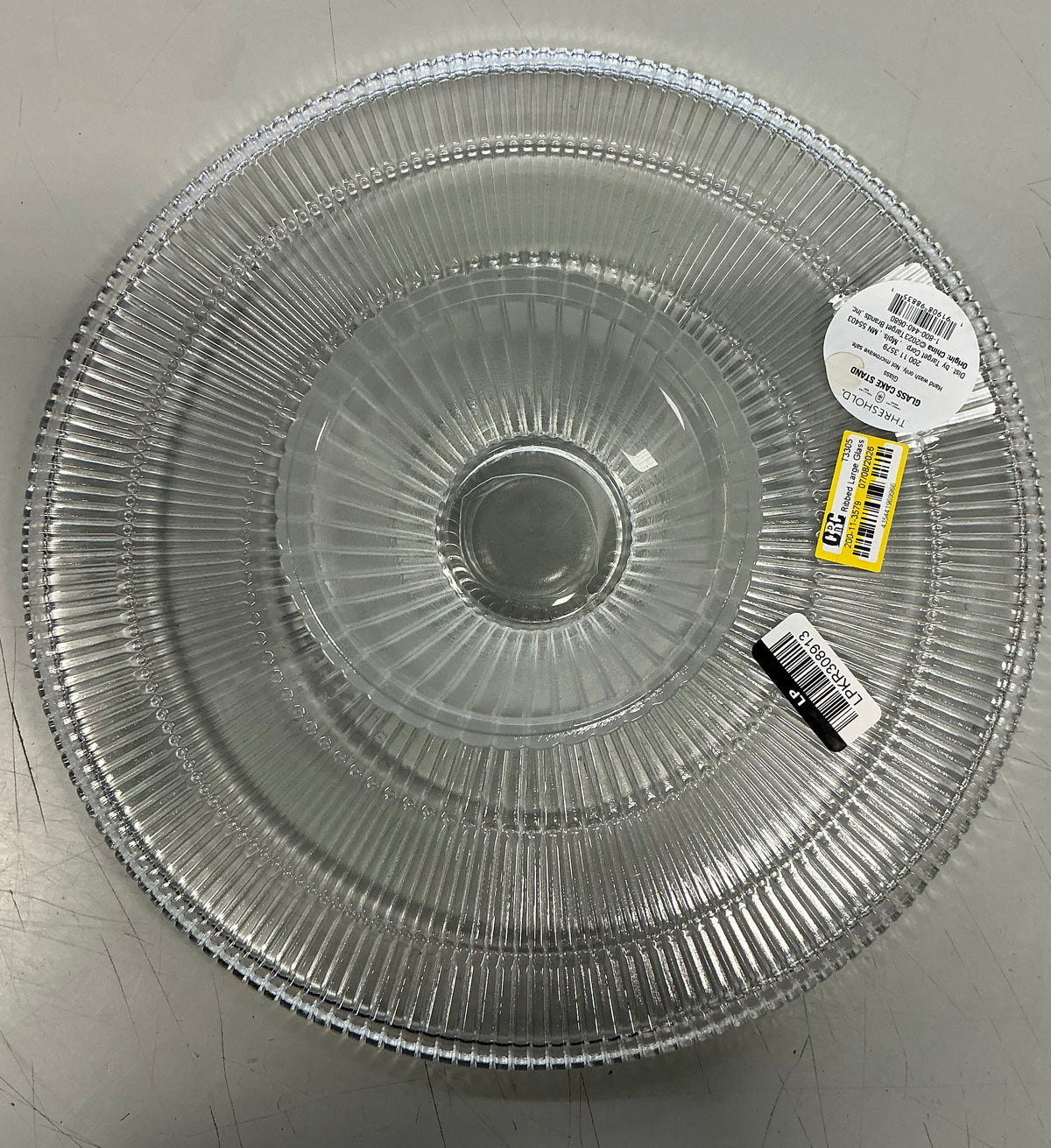 Ribbed Large Glass Cake Stand Clear - Threshold™: Handcrafted Round Dessert & Serving Stand, Dishwasher-Safe - Minor Cosmetic Damage (see pictures) - FOR PICKUP ONLY