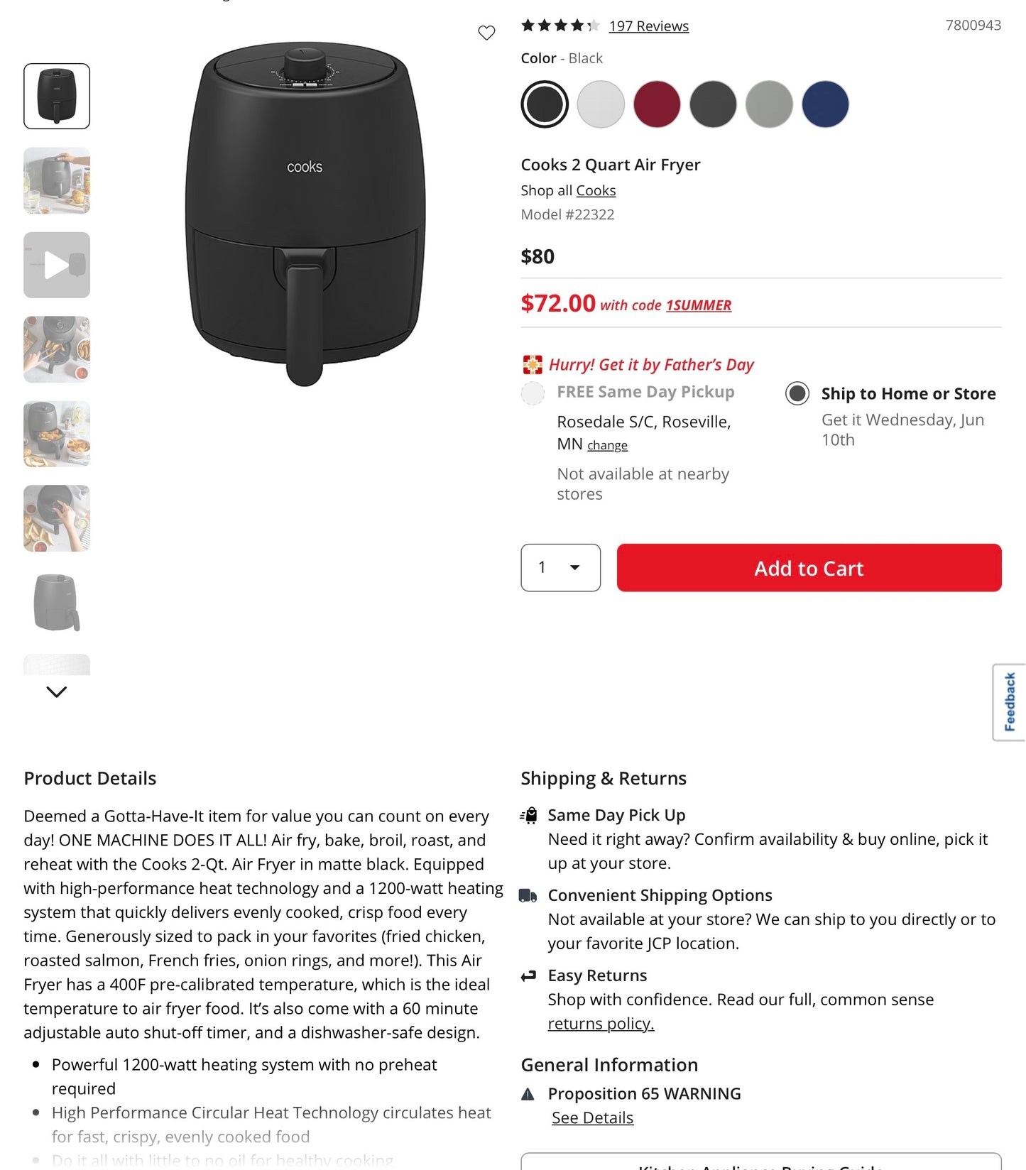 THRIFTY 70 - “Cooks Compact Air Fryer, 2 quarts” - Open Box - USED (See Pictures)- FINAL SALE- NO RETURNS - AS IS