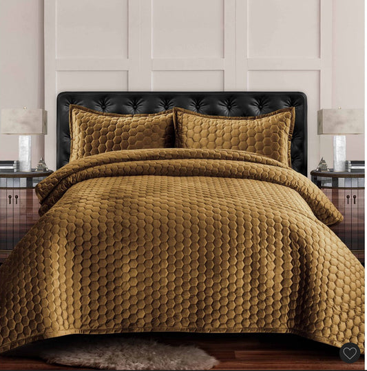 2pc Twin Lugano Honeycomb Velvet Oversized Solid Quilt Set Camel - Tribeca Living: Reversible, Polyester Fill, Machine Washable
