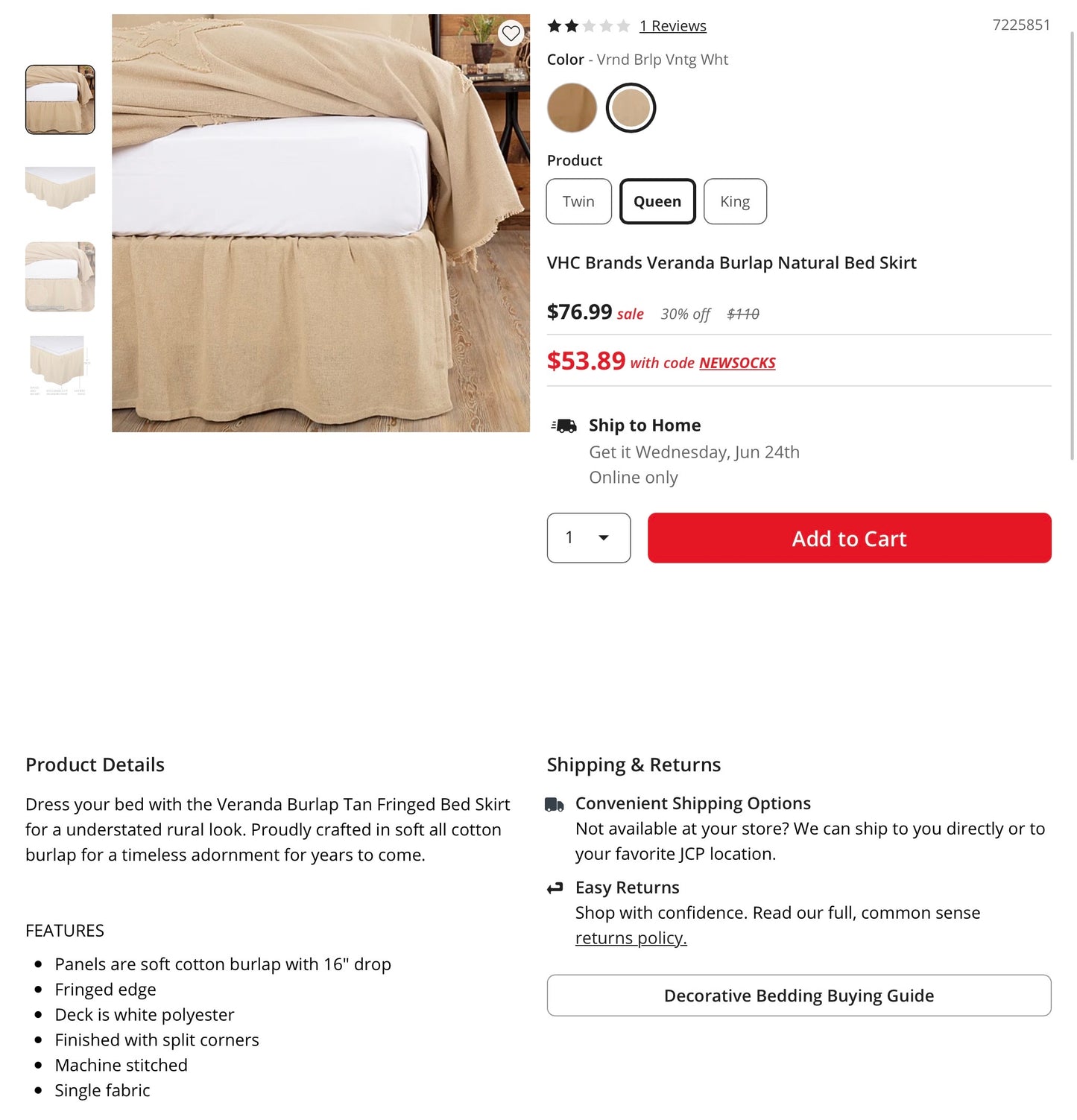 VHC Brands Veranda Burlap Natural Bed Skirt - Burlap Tan Fringed - Queen (60x80” + 16” drop)