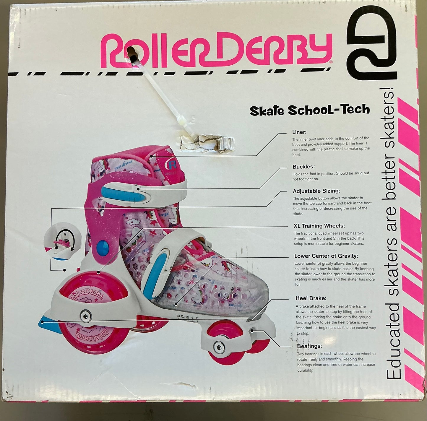 Roller Derby Sport Kids' Roller Skate - Unicorn Pink/White M: Adjustable Size, Padded Collar - Open Box