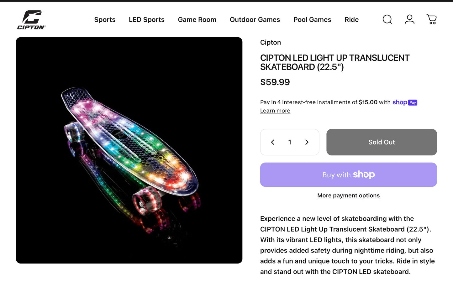 THRIFTY 70 - Cipton LED Light Up Translucent 22.5” Skateboard - Open Box - USED (See Pictures)- FINAL SALE- NO RETURNS - AS IS