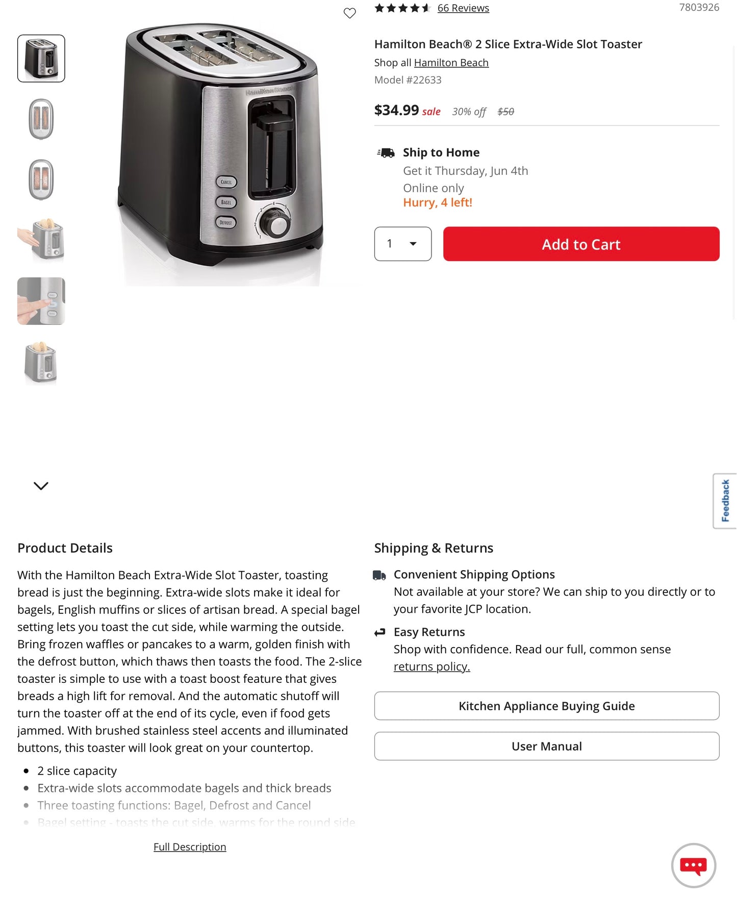 THRIFTY 70 - Hamilton Beach Extra Wide Slot 2 Slice Toaster - Open Box - USED (See Pictures)- FINAL SALE- NO RETURNS - AS IS