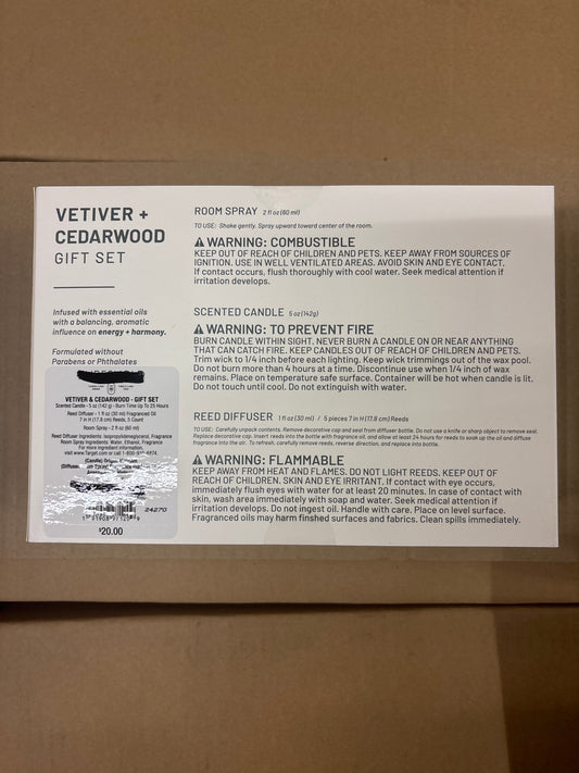 (CLEARANCE) Vetiver and Cedarwood Gift Set - Diffuser, Candle, Room Spray