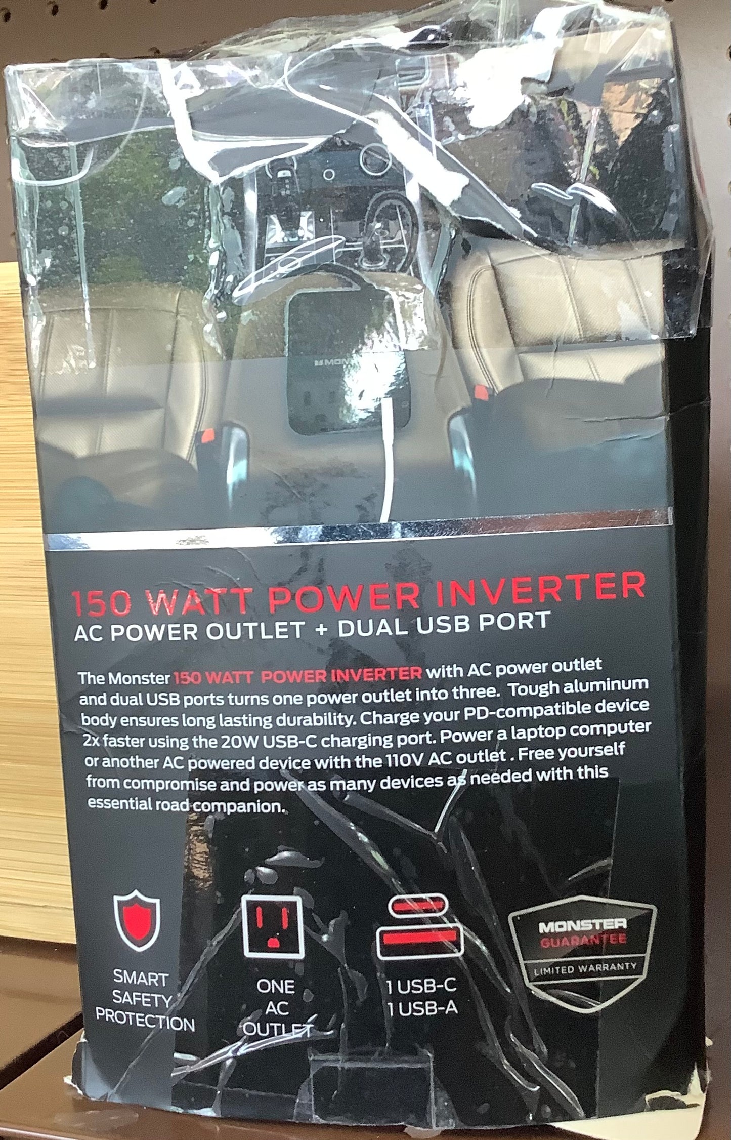 Monster 150Watt Power Inverter with Dual Port USB 20W USB-C, QC 3.0 USB-A: Car-Powered DC Inverter, 6ft Cord, Red/Black