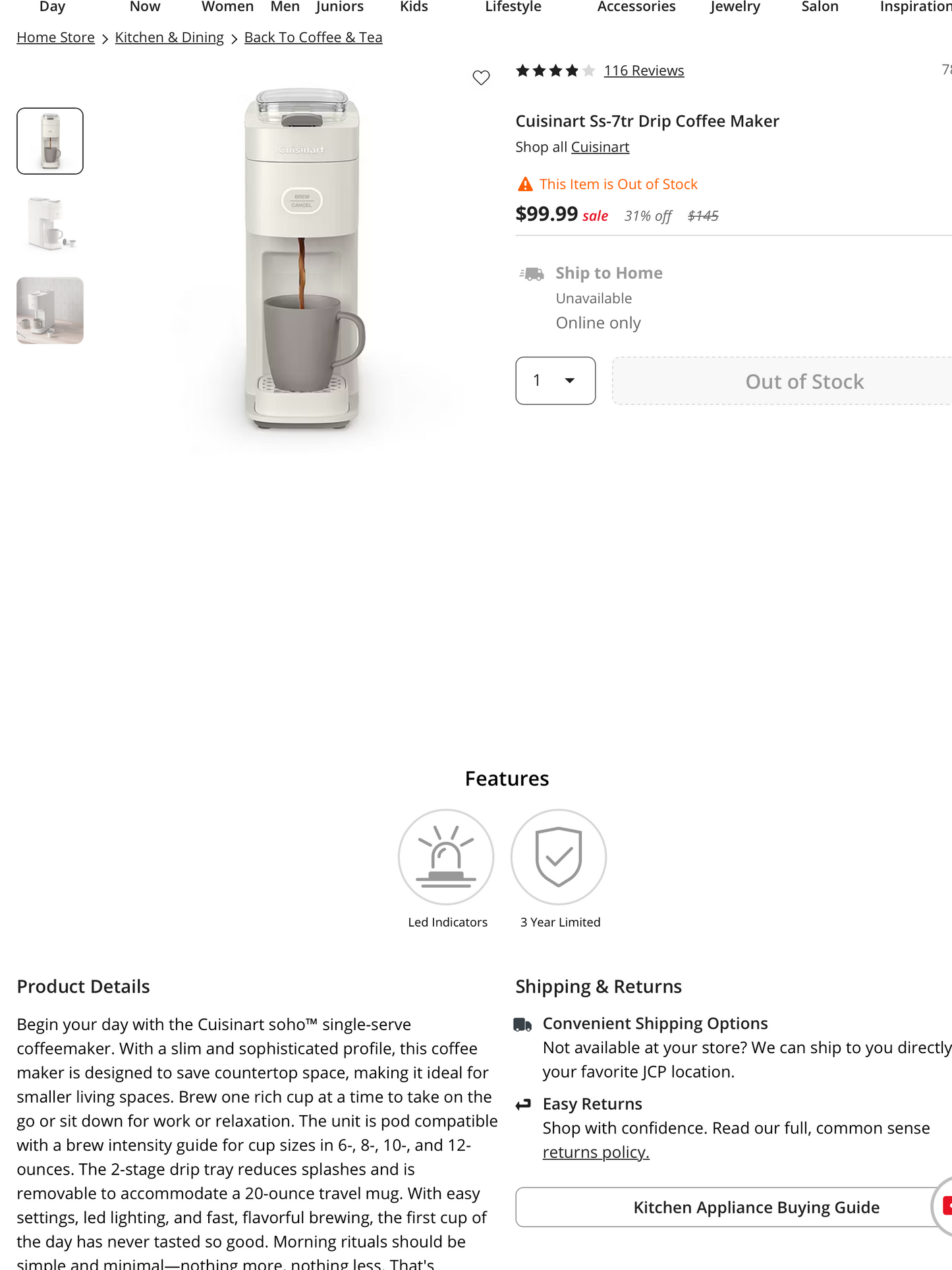 THRIFTY 70 - Cuisinart Soho Single Serve Coffeemaker - Open Box - USED (See Pictures)- FINAL SALE- NO RETURNS - AS IS