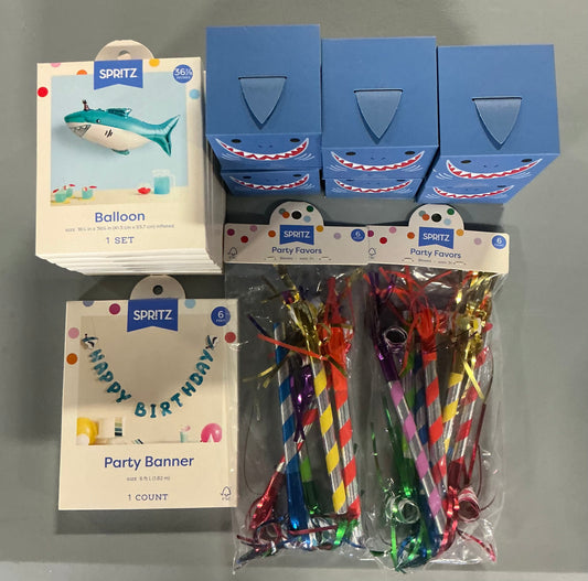 Shark Party Bundle (includes 6 Shark Balloons, 6 Shark Surprise Boxes, 2 packs of Party Favor Blowers (6 count each) and 1 “Happy Birthday” Banner)