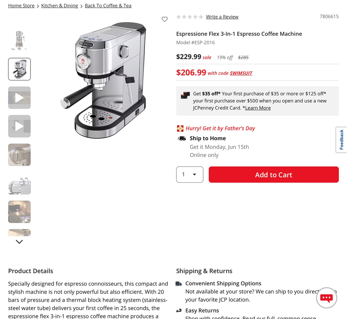 THRIFTY 70 - Espressione Flex 3-In-1 Espresso Coffee Machine - Open Box - USED (See Pictures)- FINAL SALE- NO RETURNS - AS IS