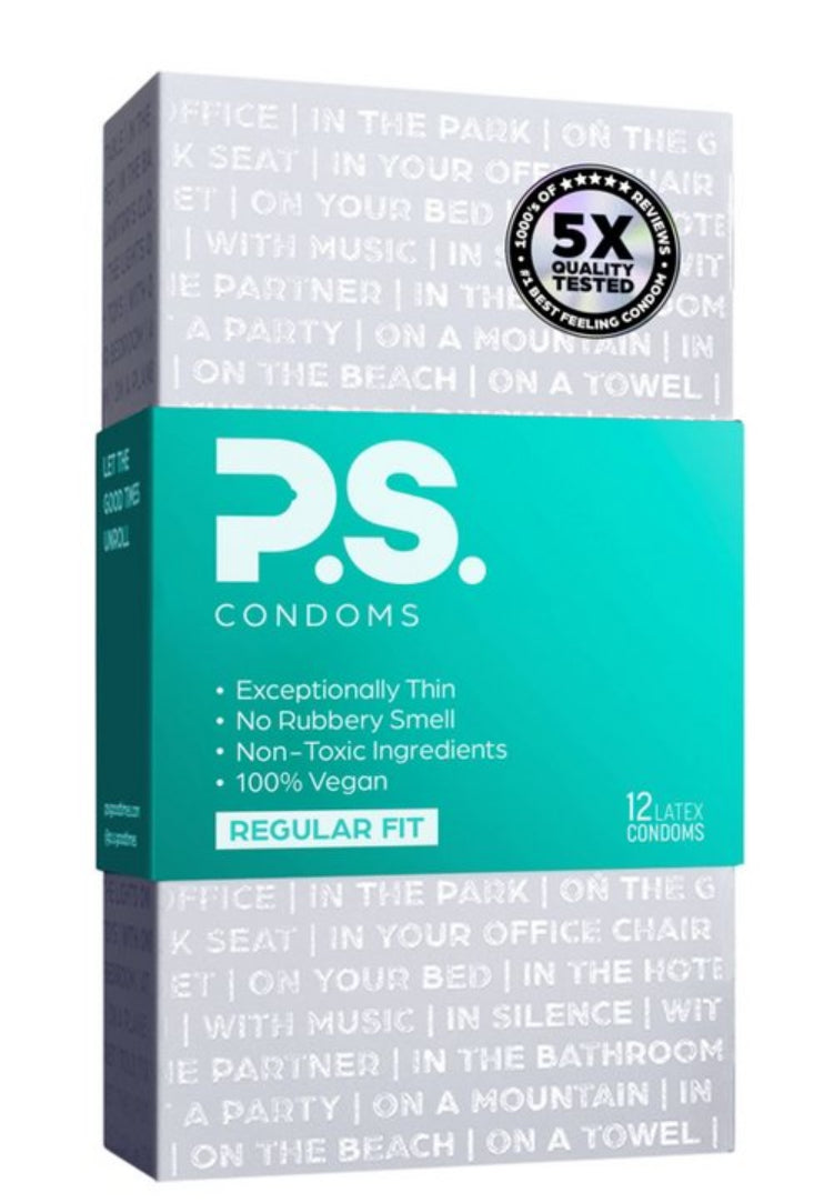 P.S. Exceptionally Thin, No Smell, Vegan and Lubricated Regular Condoms - 12pk