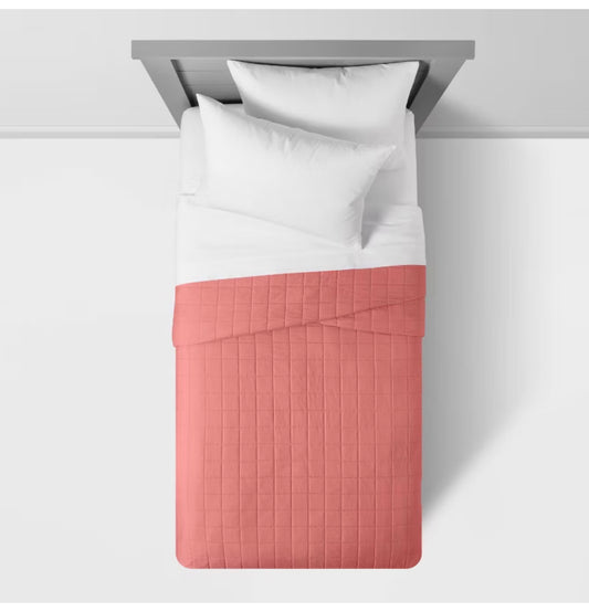 Twin - Box Stitch Microfiber Kids' Quilt - Faded Rose