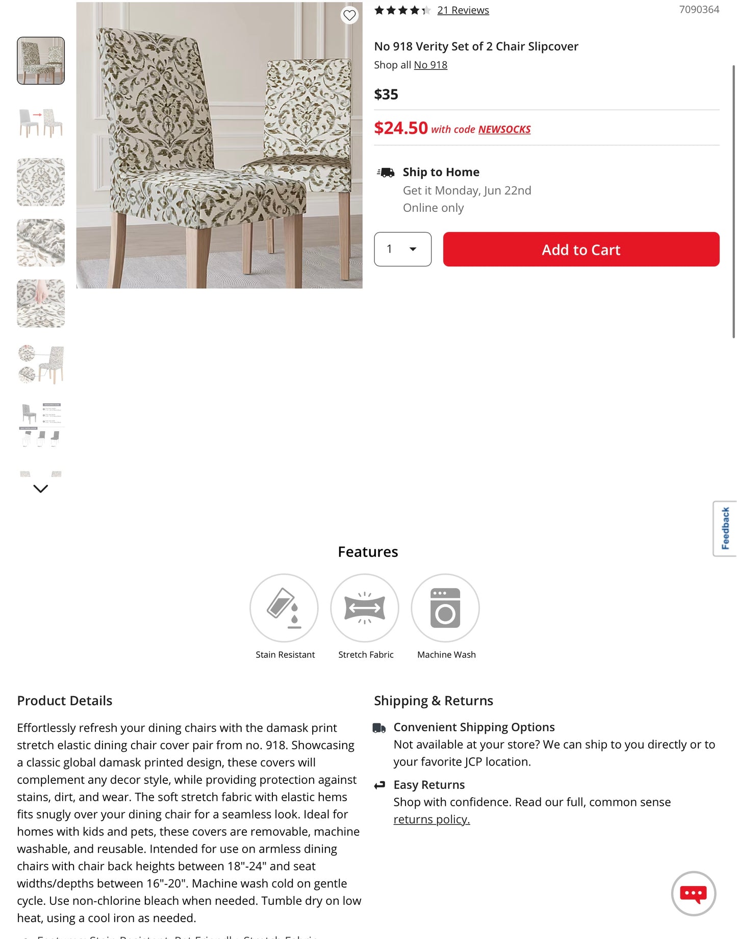 No 918 Verity Set of 2 Chair Slipcover - Damask Print (See pictures for measurements) - Open Box