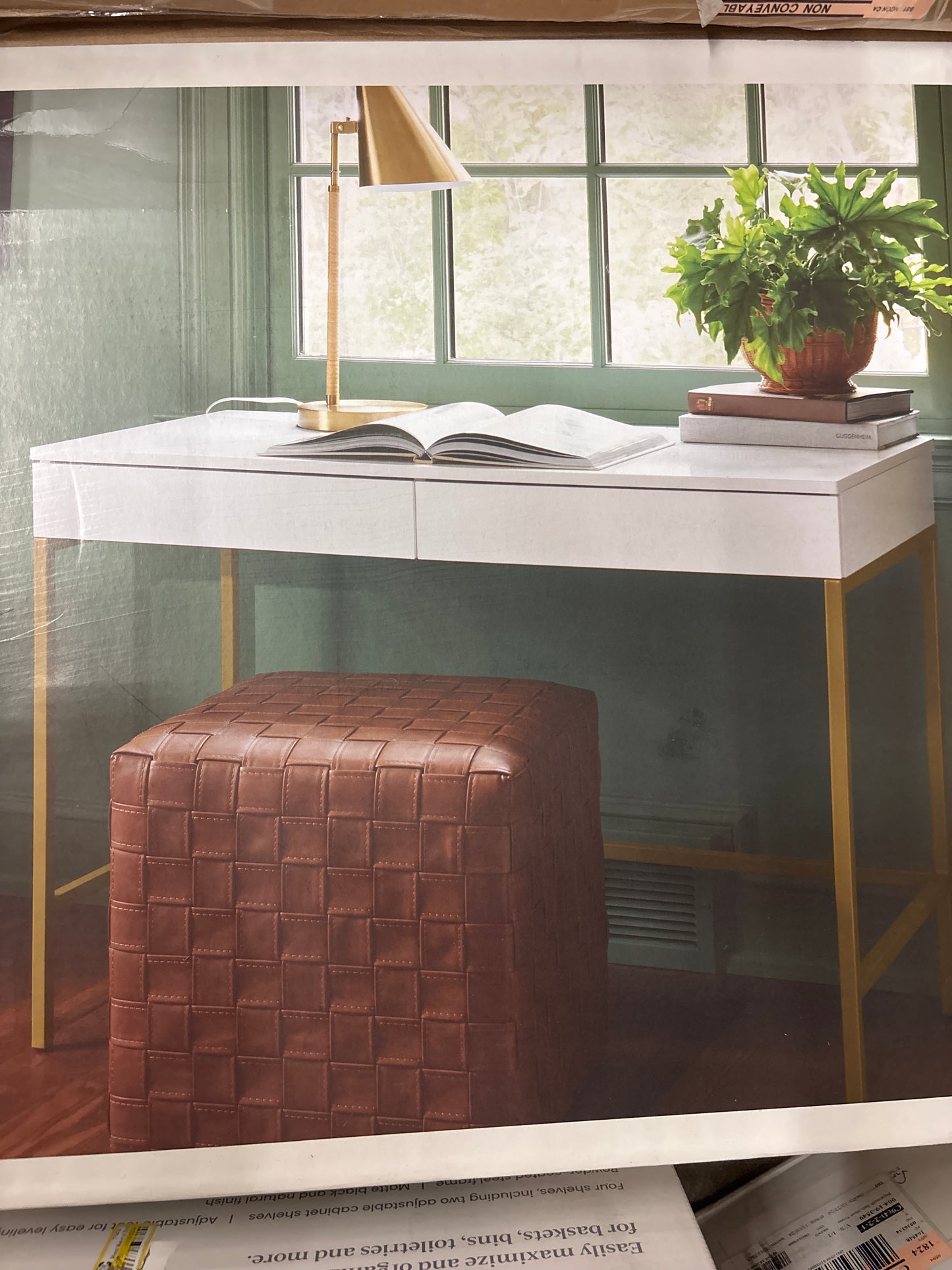 Loring Wood Writing Desk with Drawers and Charging Station White/Gold