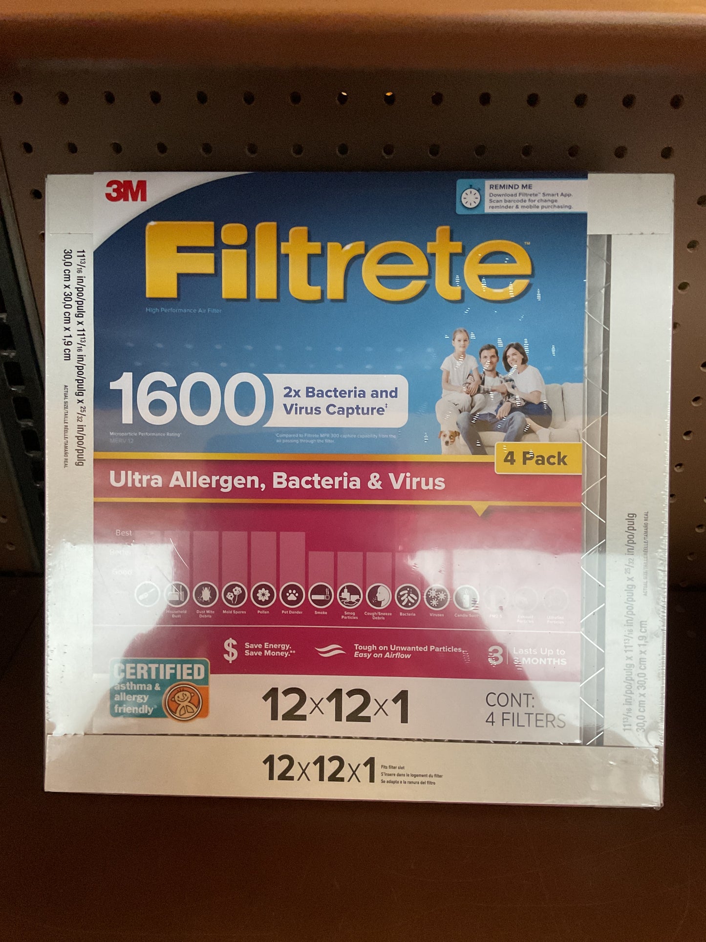 (Clearance) FINAL SALE Filtrete Air Filter, MPR 1600, MERV 12, Healthy Living Ultra-Allergen 3-Month Pleated 1-Inch Air Filters (Pack of 4)