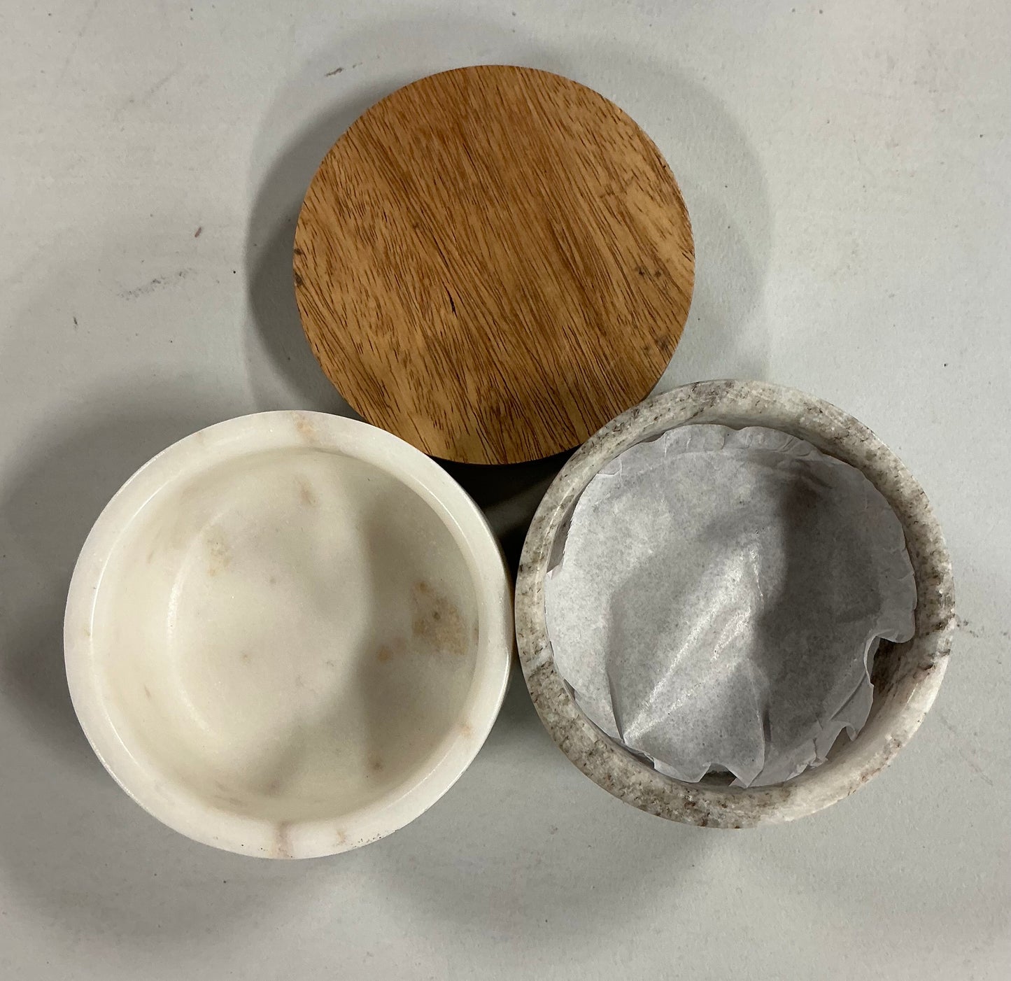 3pc Marble Stacking Salt & Pepper Cellar White/Warm Gray - Hearth & Hand™ with Magnolia: Acacia Lid, Farmhouse Style - Out of Package (see pictures)