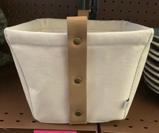 Decorative Canvas Storage Bin with Faux Leather Strap Handles Cream/Tan