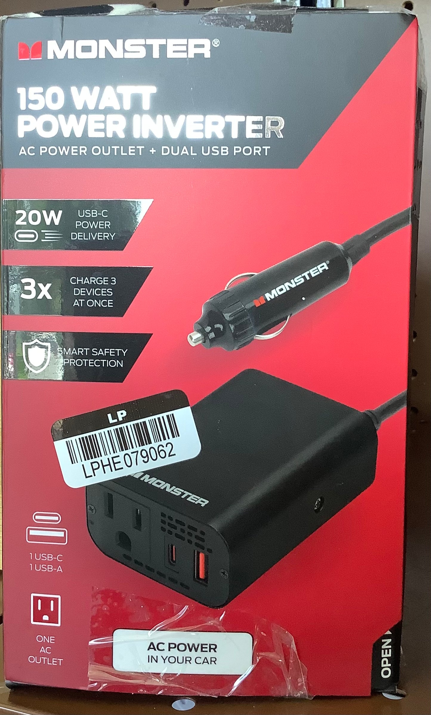 Monster 150Watt Power Inverter with Dual Port USB 20W USB-C, QC 3.0 USB-A: Car-Powered DC Inverter, 6ft Cord, Red/Black