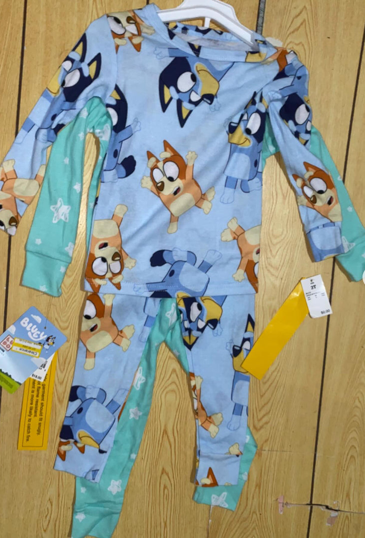 Bluey Set of 2 Pajamas Top Boys 4T Blue Green Dog Graphic Snug Fitting Crew Neck