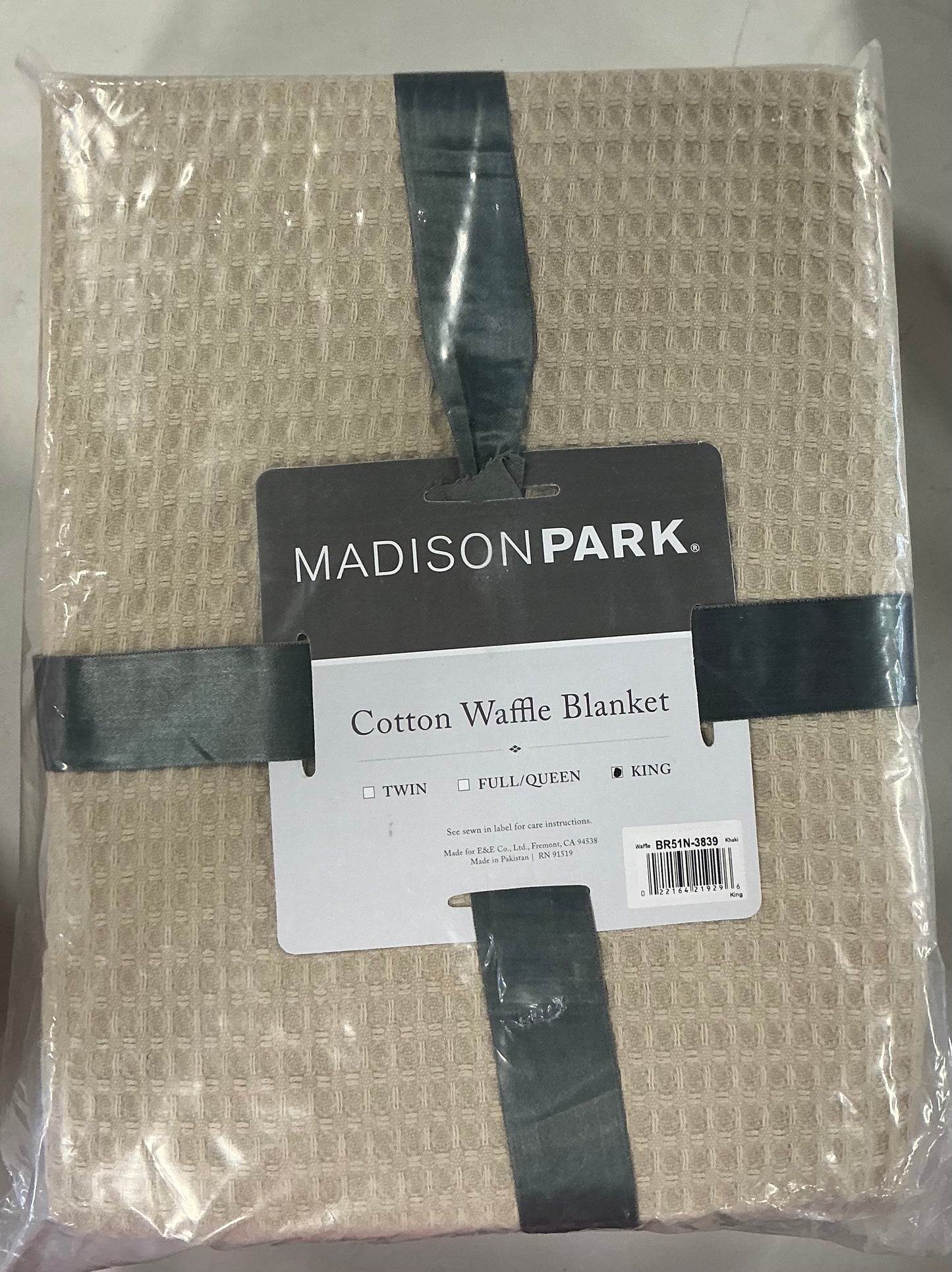 Madison Park branded cotton waffle weave blanket in a khaki color king