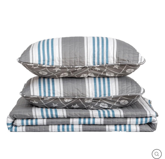 St. Croix Coastal Striped 3 Pieces Quilt Set Reversible Design Full/Queen-Included(1 Quilt and 1 Sham)