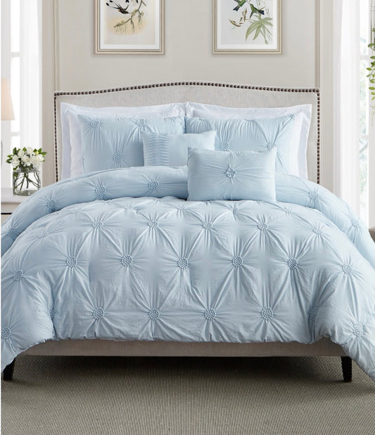 Swift Home Luxurious Ruched 3D Floral Pintuck Sham And Midweight Down Alternative Comforter Set 3 pieces Full/Queen-Baby Blue