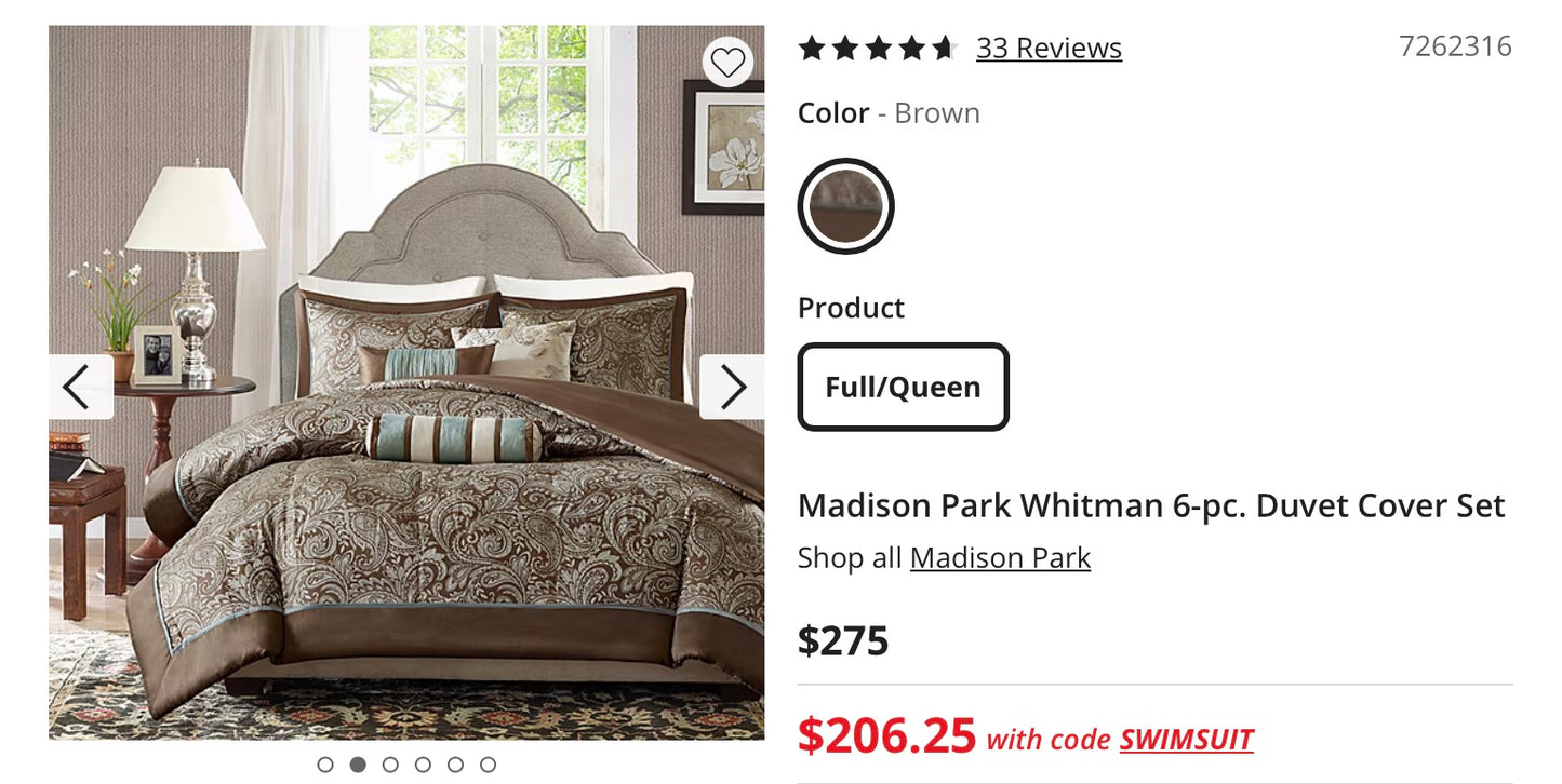 Madison Park Whitman 6 Pieces Duvet Cover Set Full/Queen-Included(1 Duvet Cover,2 Shams and 3 Decorative Pillows)-Brown
