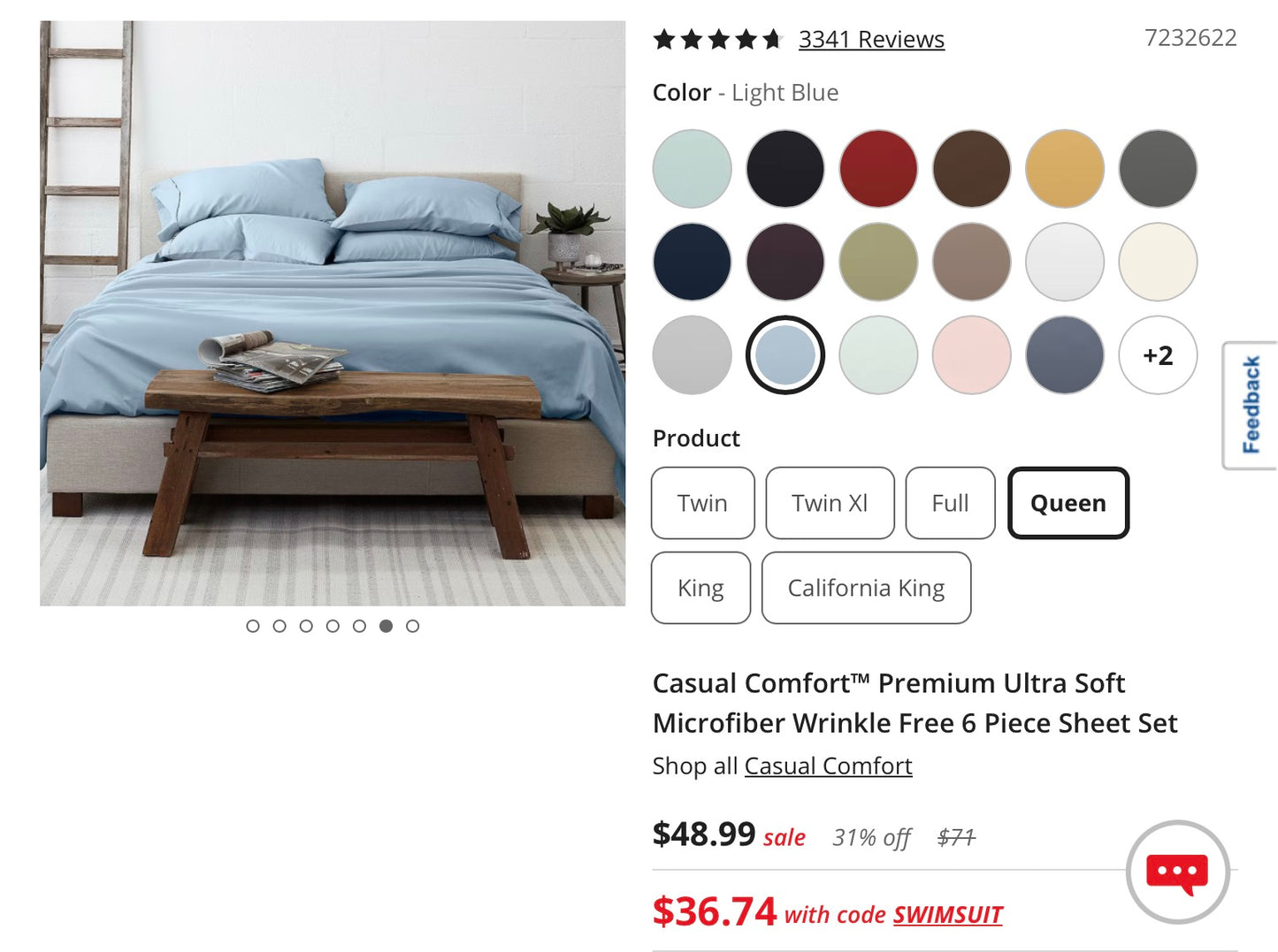 Casual Comfort™ Premium Ultra Soft Microfiber Wrinkle Free 6 Piece Sheet Set Queen-Light Blue