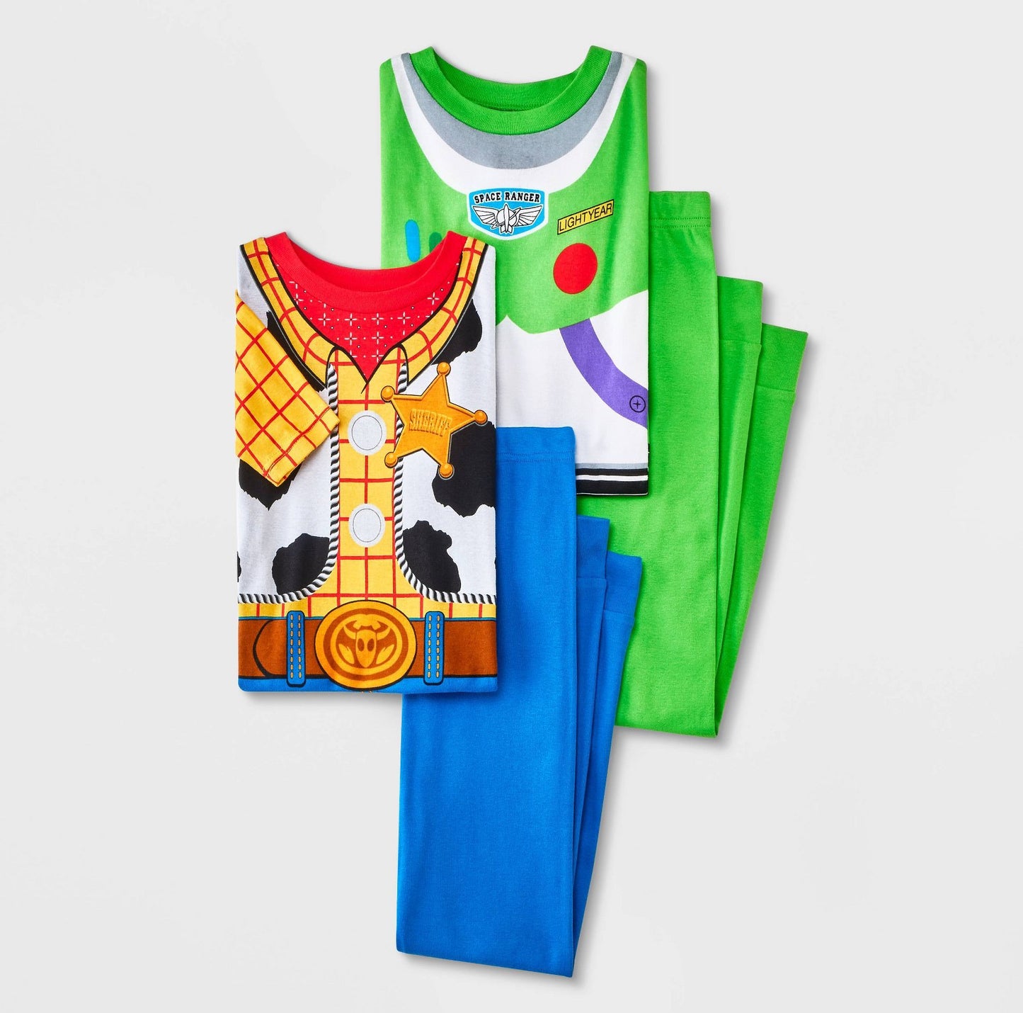 Boys' Toy Story Buzz Lightyear & Woody 4pc Uniform Tight Fit
Short Sleeve Cotton Pajama Set - White/Blue/Green