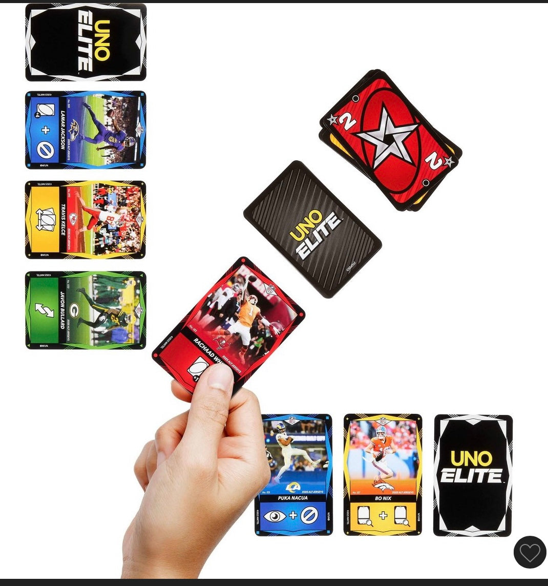 Uno elite NFL 2025 Alt Jersey’s edition booster set plus with 40 elite action cards