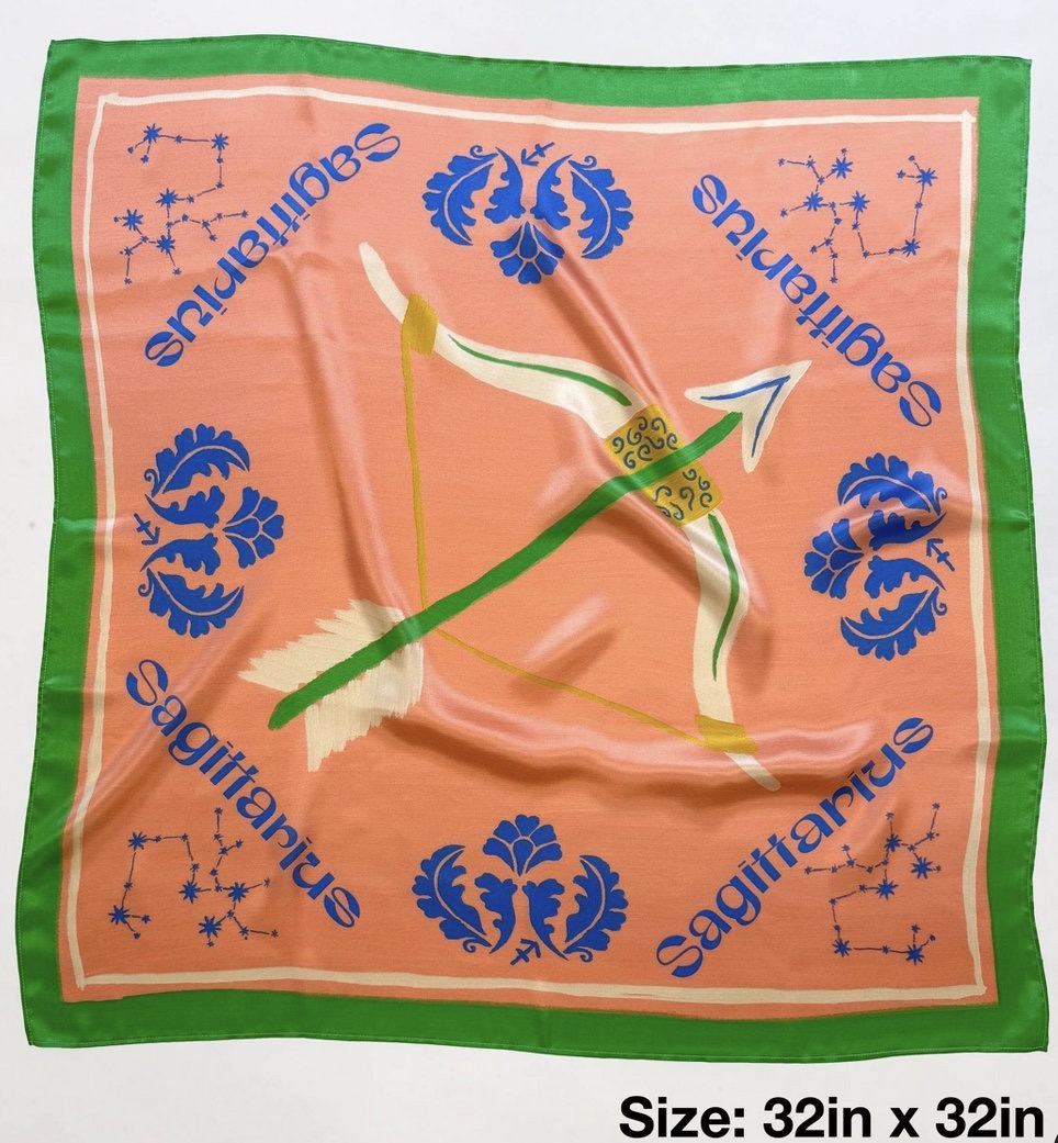 Zodiac printed square silk scarf in the Sagittarius design featuring an apricot orange color-32in x 32in