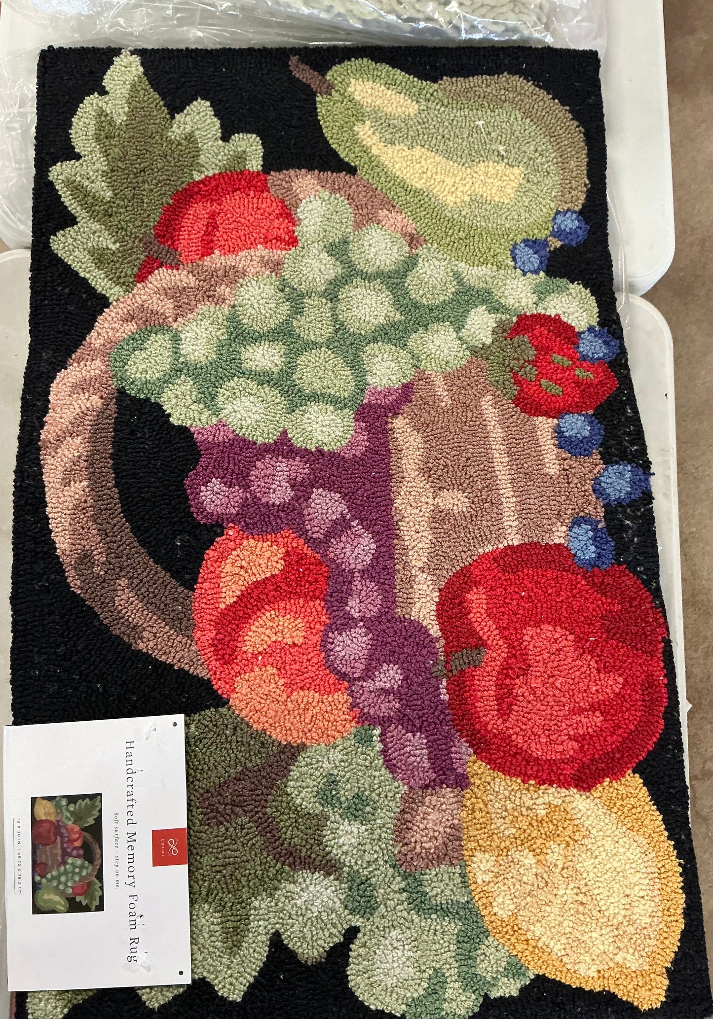 Handcrafted fruit basket rug is designed with memory foam 18 in x 30 in