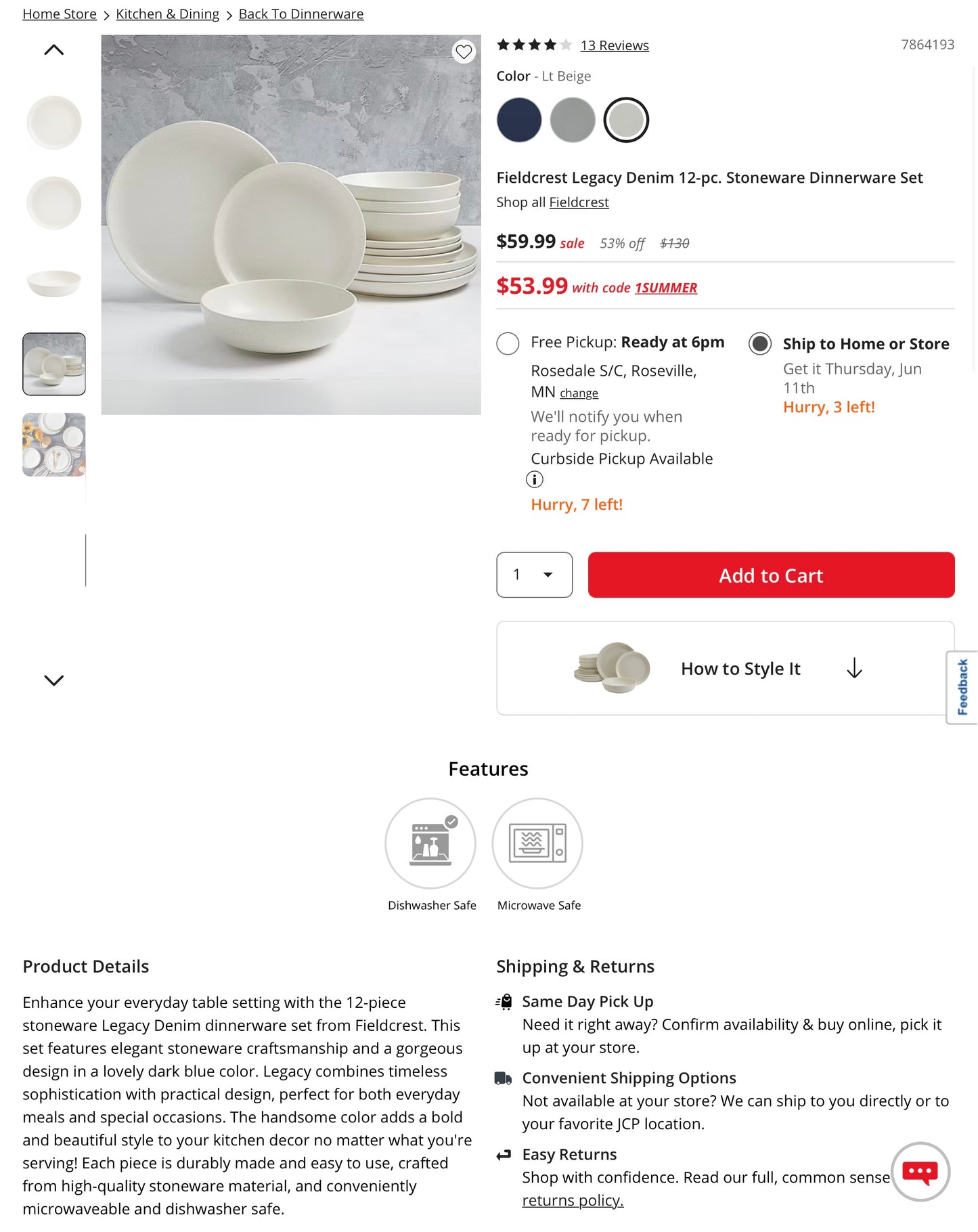 Fieldcrest Legacy Denim 12-pc. Stoneware Dinnerware Set - Open Box - MISSING 1 Bowl & 1 Small Plate - AS IS