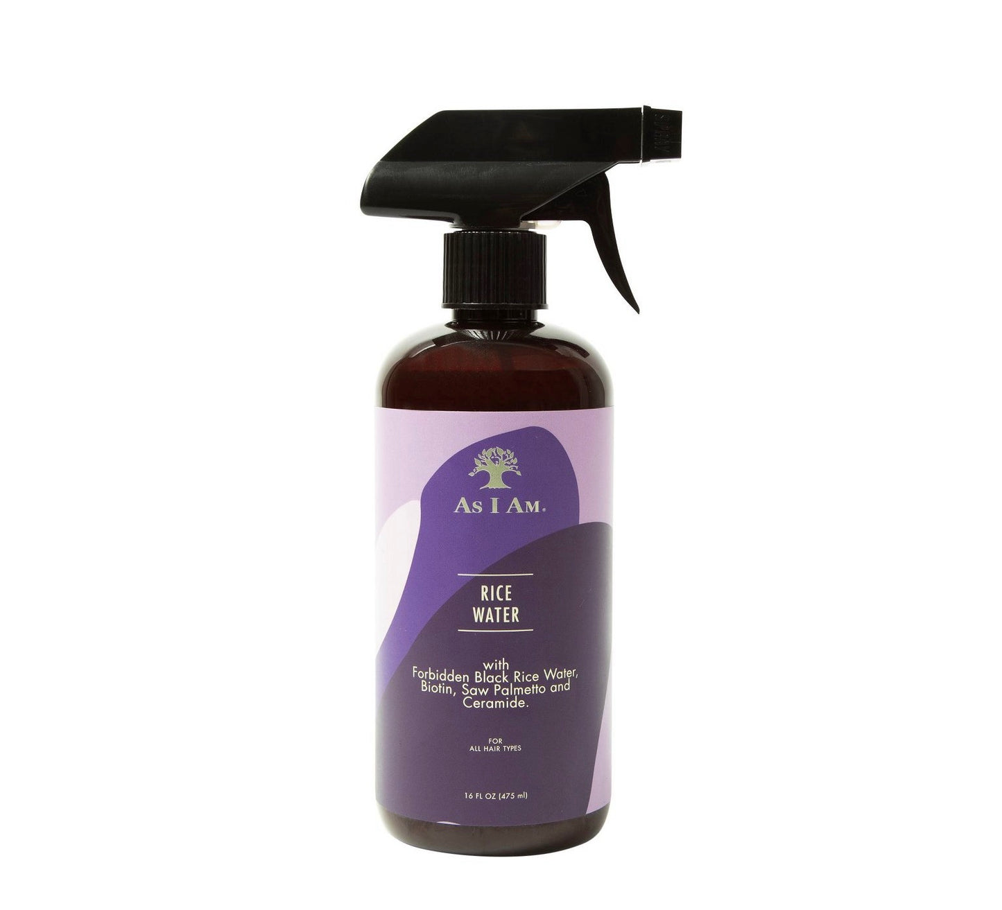 16 oz spray bottle of As I Am Rice Water hair treatment featuring Forbidden Black Rice Water, Biotin, and Saw Palmetto