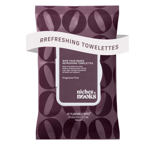 Niches & Nooks Intimate pH Balanced Refreshing Flushable Feminine Wipes, available in a 45-count package