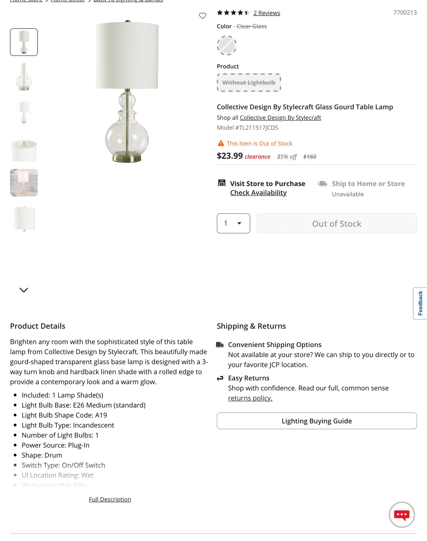 Stylecraft Glass Gourd Table Lamp - Out of Box