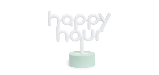 NPW Happy Hour Neon Desk Light featuring a white LED sign and a stand, designed for bar or workspace decor
