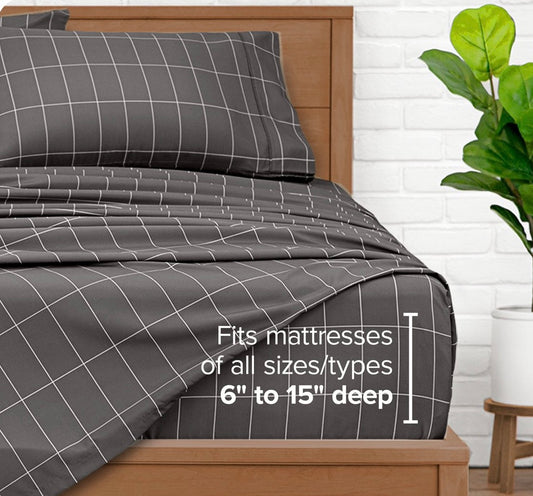Bare Home ultra soft sheet set 3 piece Twin XL-Grid grey/white