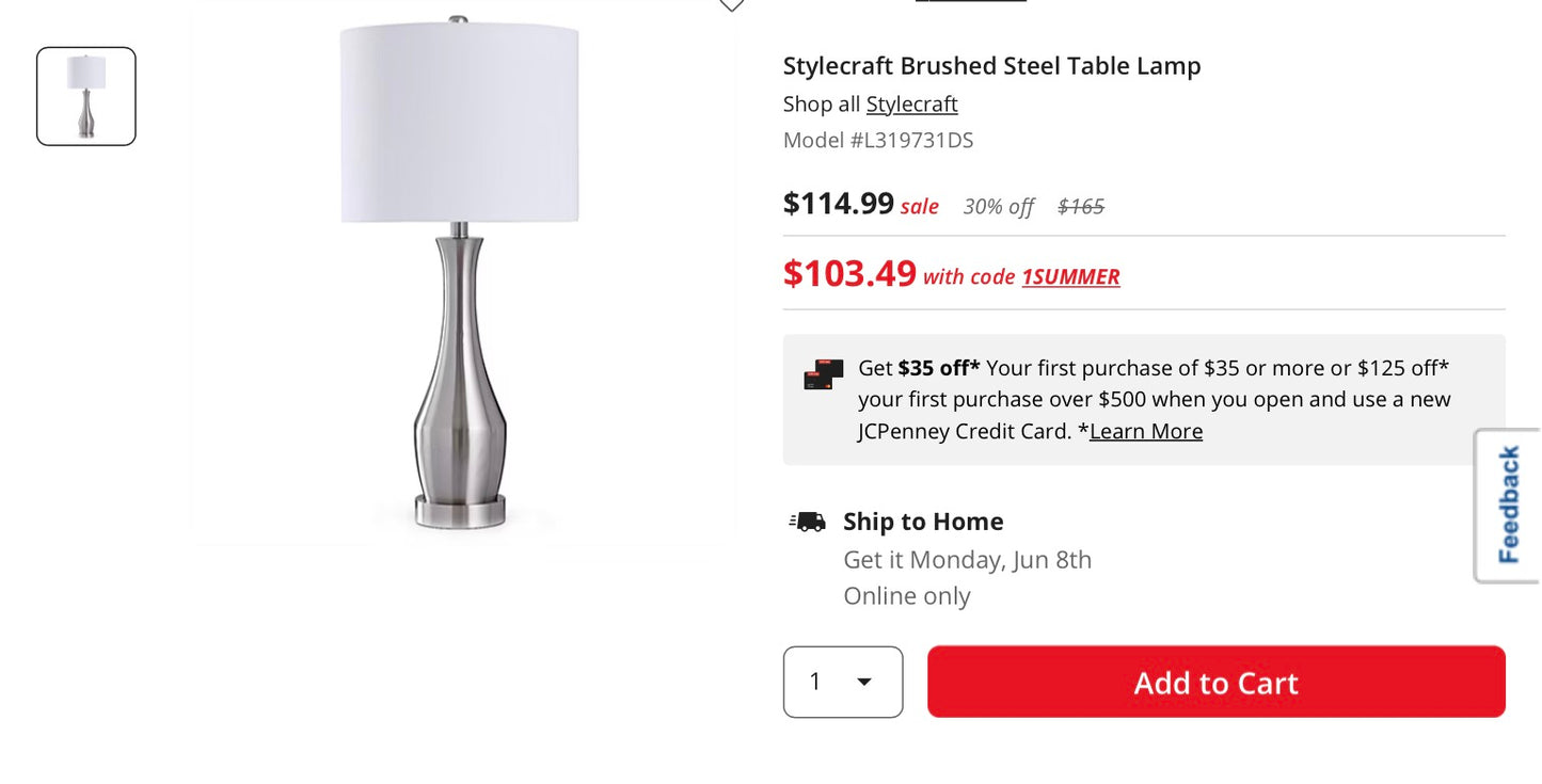 Stylecraft Brushed Steel Table Lamp, Measurements: 14 Width/Inches, 31 Height/Inches, 14 Depth/Inches