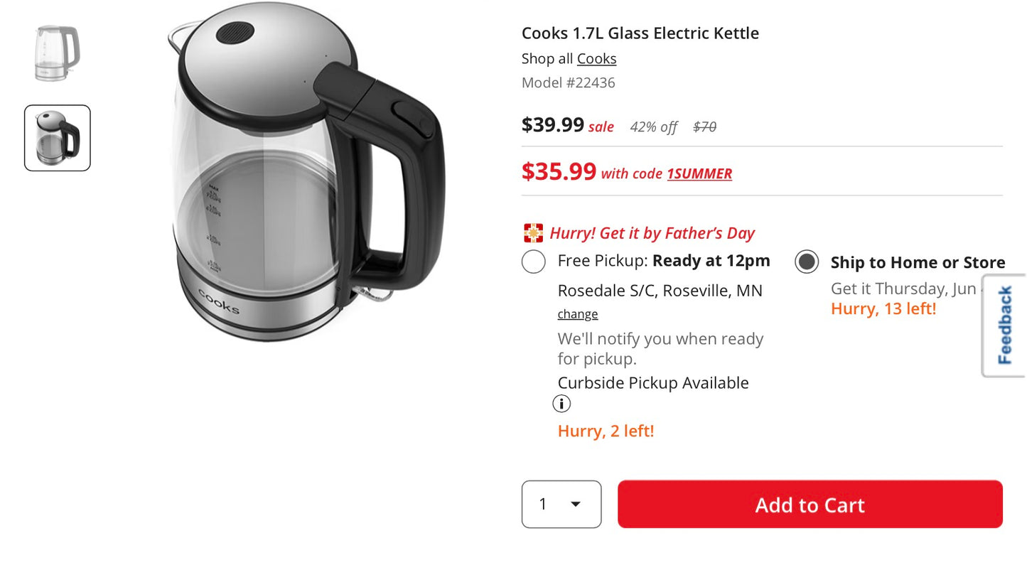 Cooks 1.7L Glass Electric Kettle