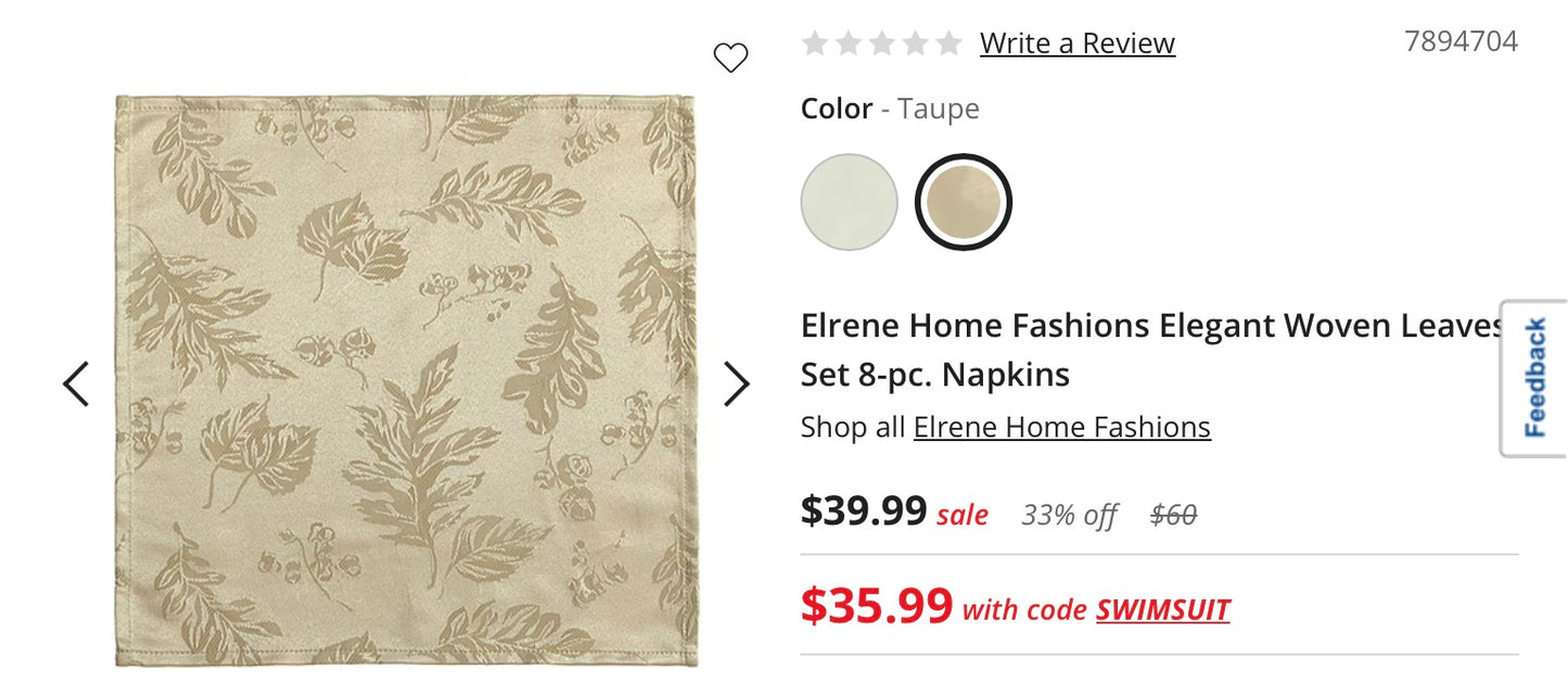 Elrene Home Fashions Elegant Woven Leaves Set 8 Pieces Napkins 17”x17”-Gold