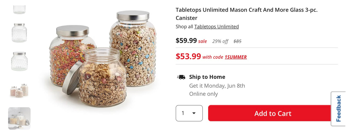Tabletops Unlimited Mason Craft And More Glass 3-pc. Canister