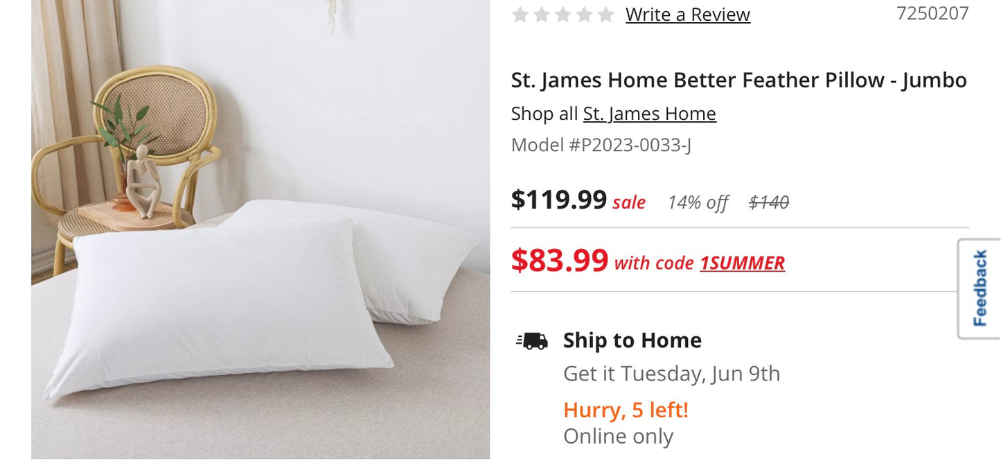 St. James Home Better Feather Pillow 2 Pack Jumbo 20”x28”- White