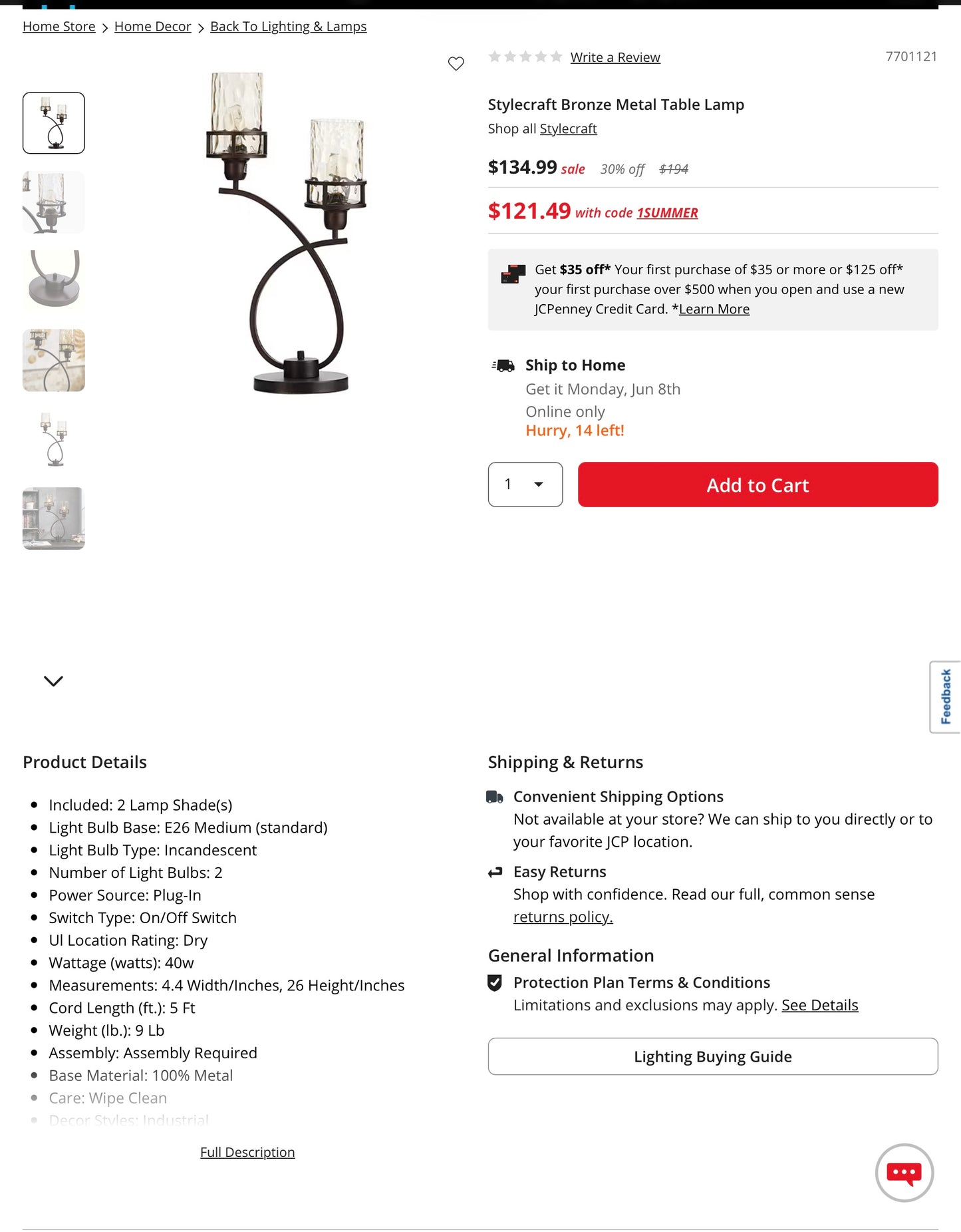 Stylecraft Bronze Metal Table Lamp - includes 2 bulbs - Out of Box