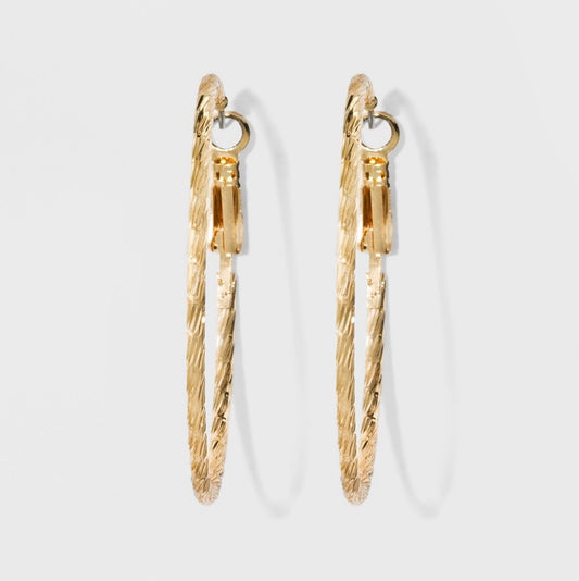 Rose gold plated hoop earrings featuring a textured design
