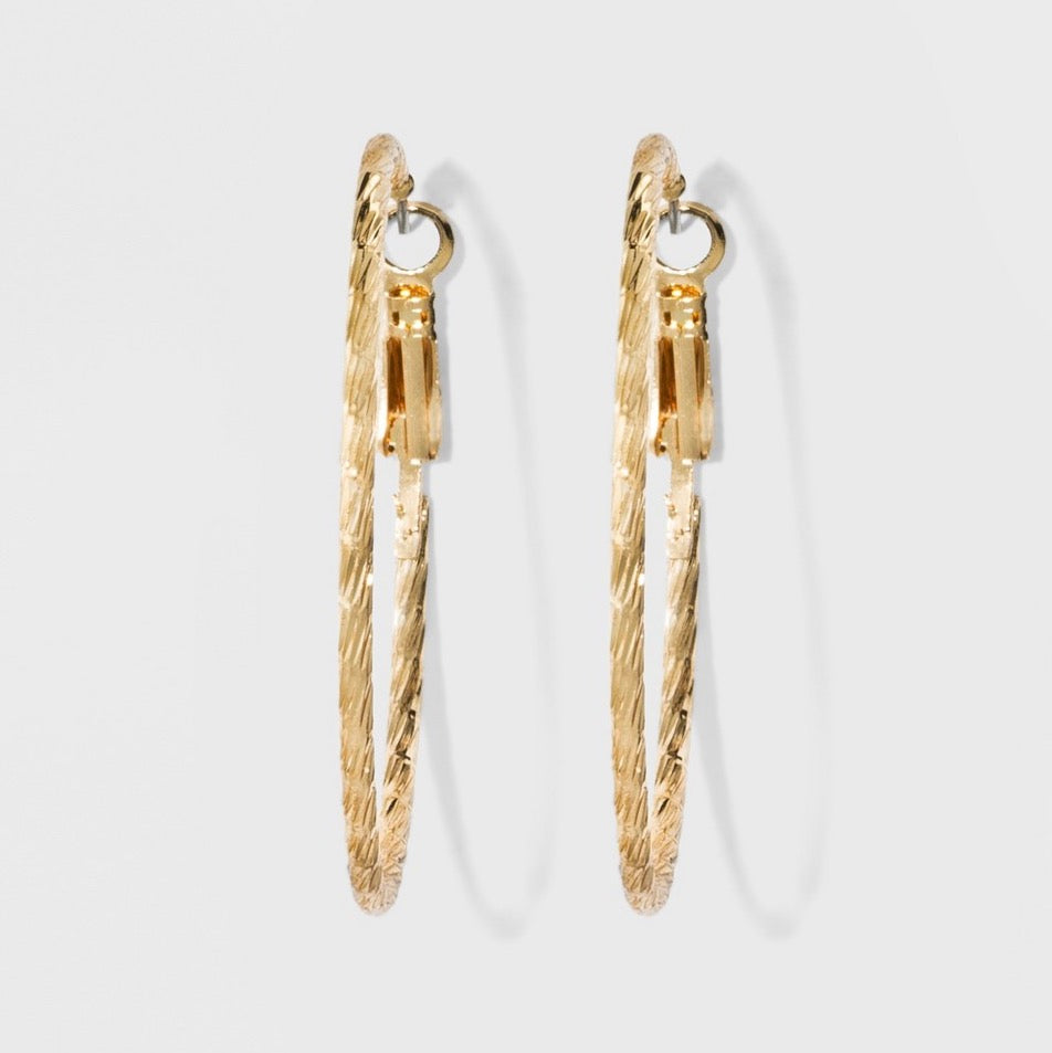 Rose gold plated hoop earrings featuring a textured design