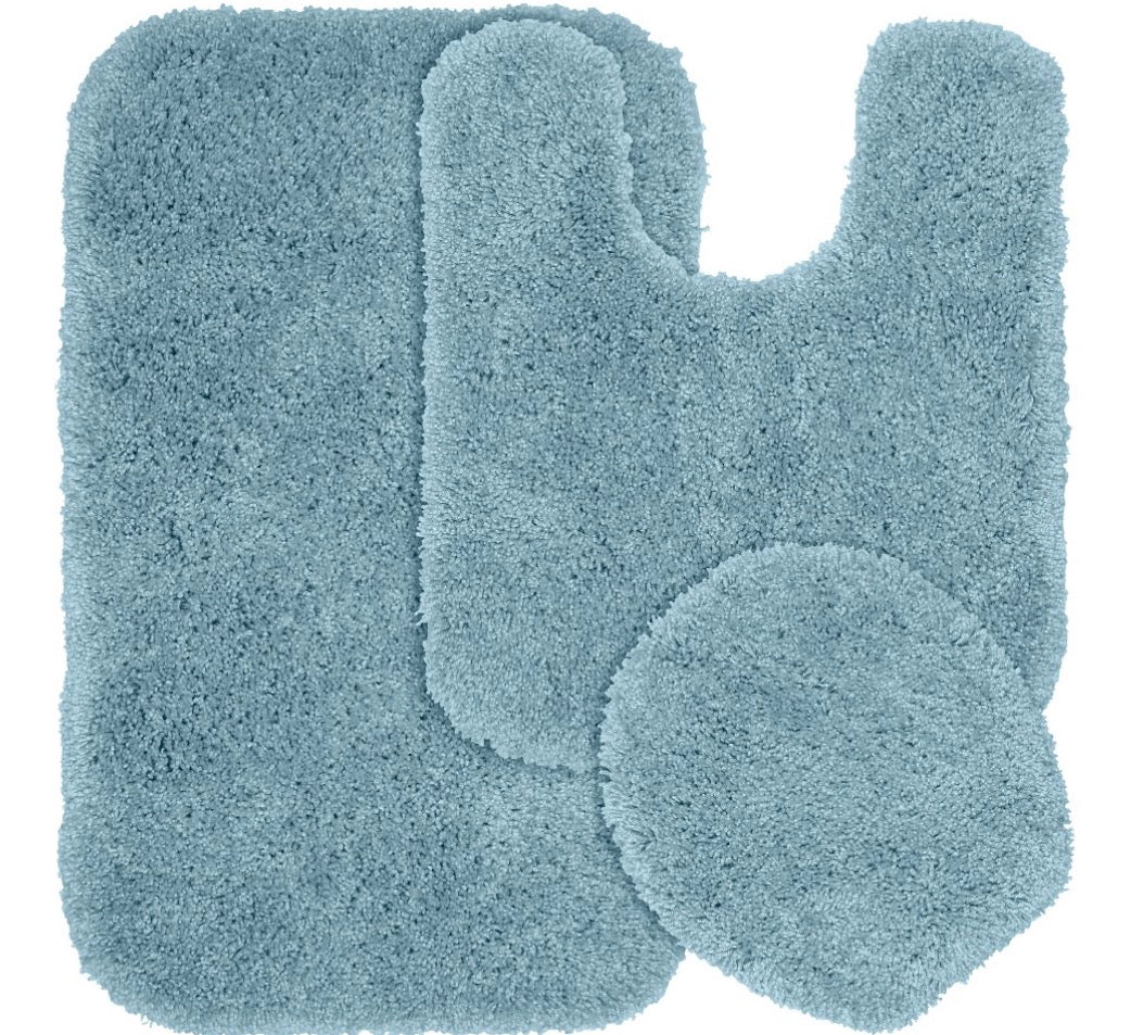 3 Pieces Serendipity Bath Rug Set 21”x34”bath mat,21”x24” toilet contour and 17”x14”universal toilet lid cover designed to fit most toilet lids-Color(Basin Blue)
