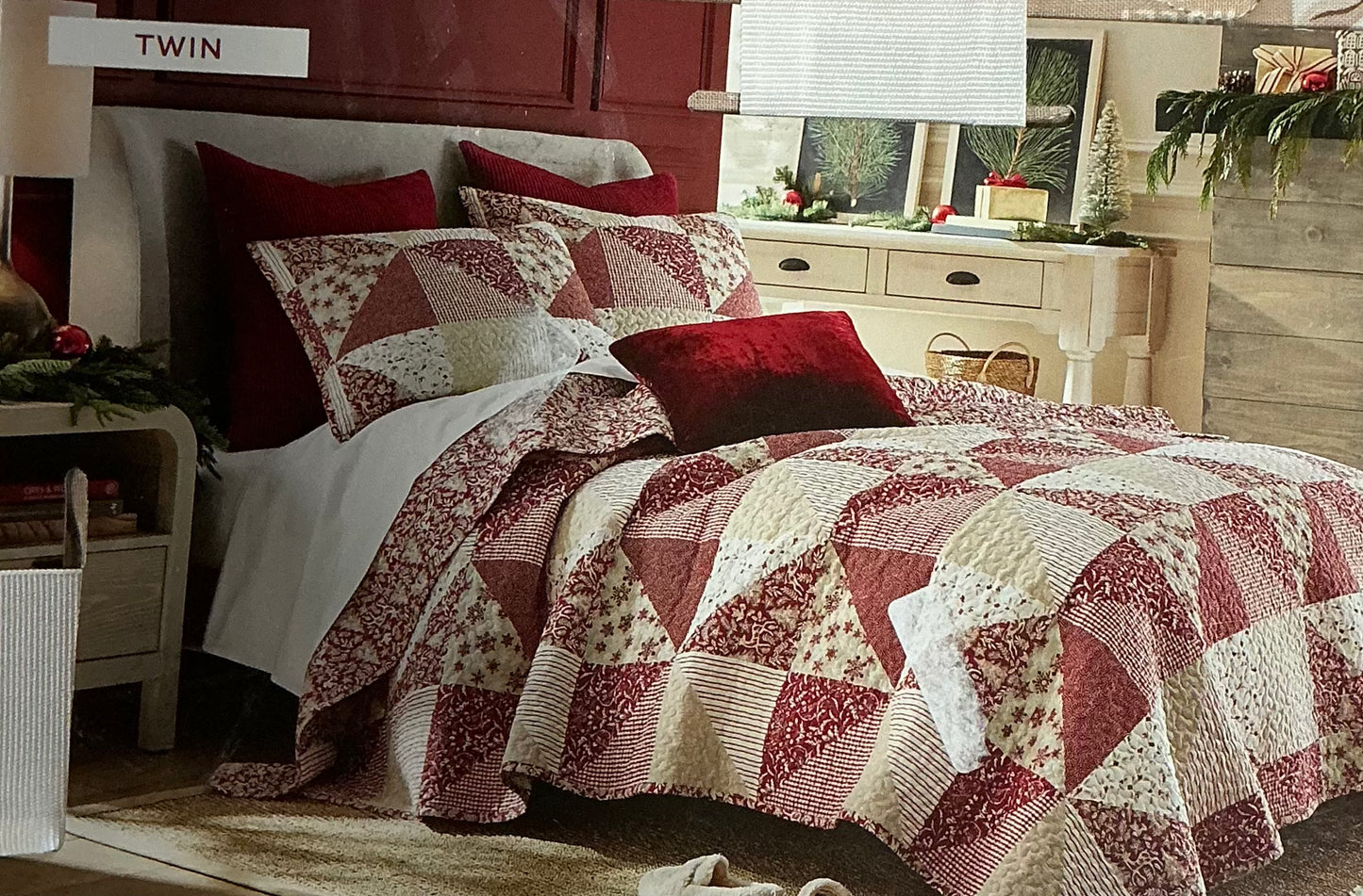Holly Berry Patchwork reversible 2 Pieces Quilt Set Twin-Included(1 Quilt and 1 Sham)-Rumba Red